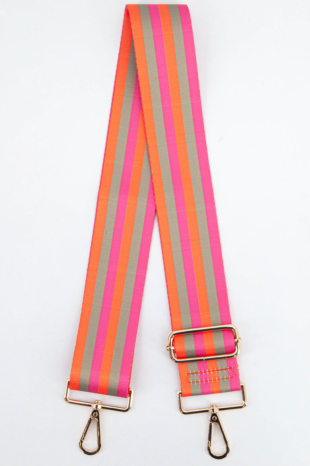 pink, orange and khaki mutli striped wide bag strap with gold hardware