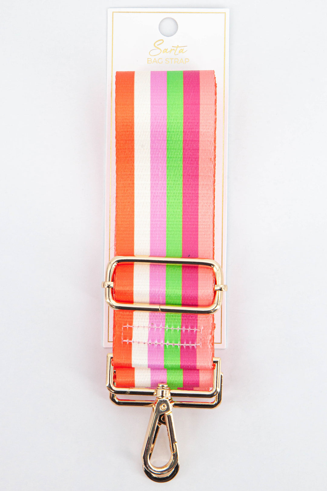 multicolorued rainbow stripe bag strap in orange, pink, green and white with gold hardware