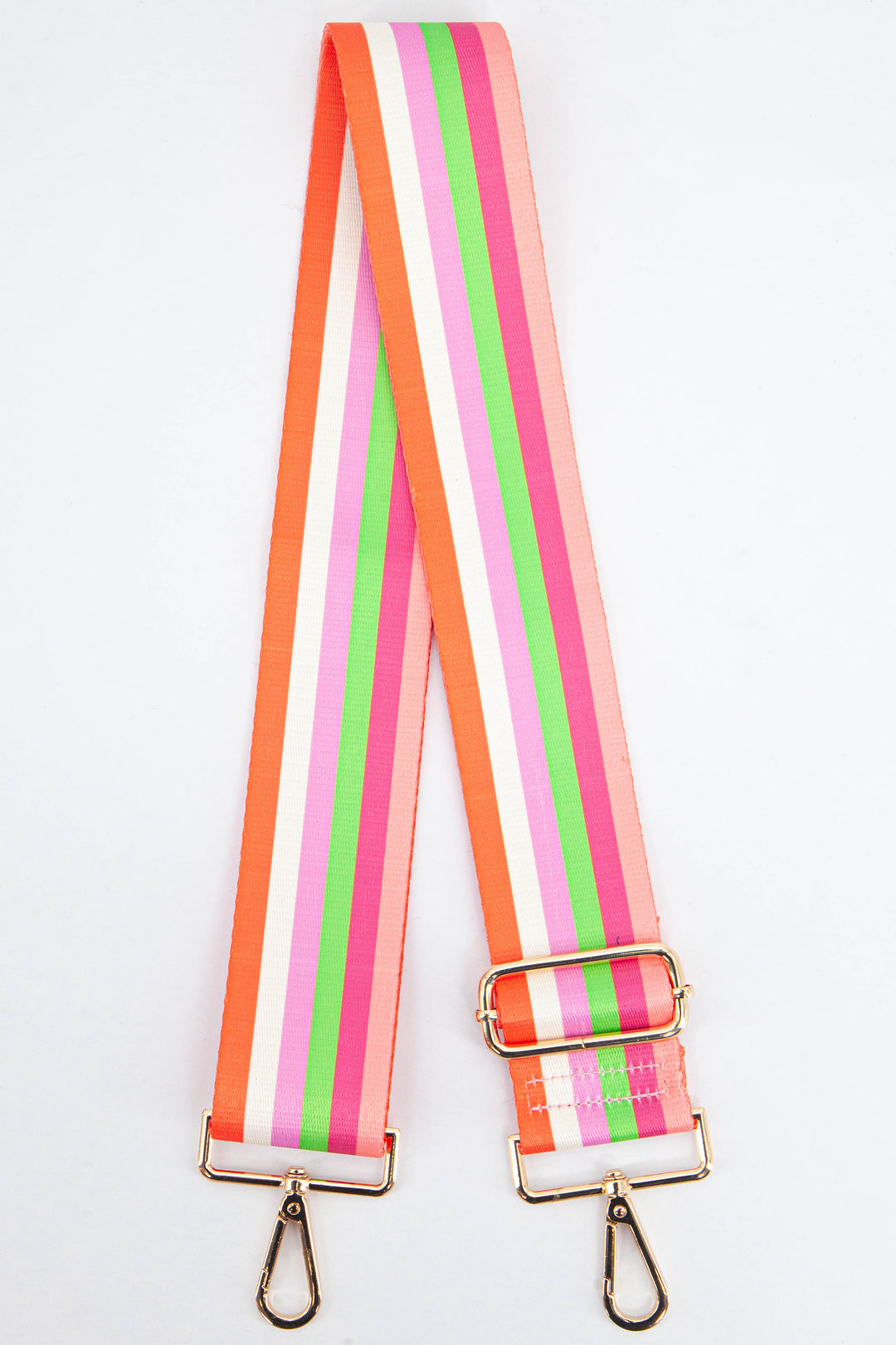 pink, orange , green and white multicoloured striped bag strap with gold hardware