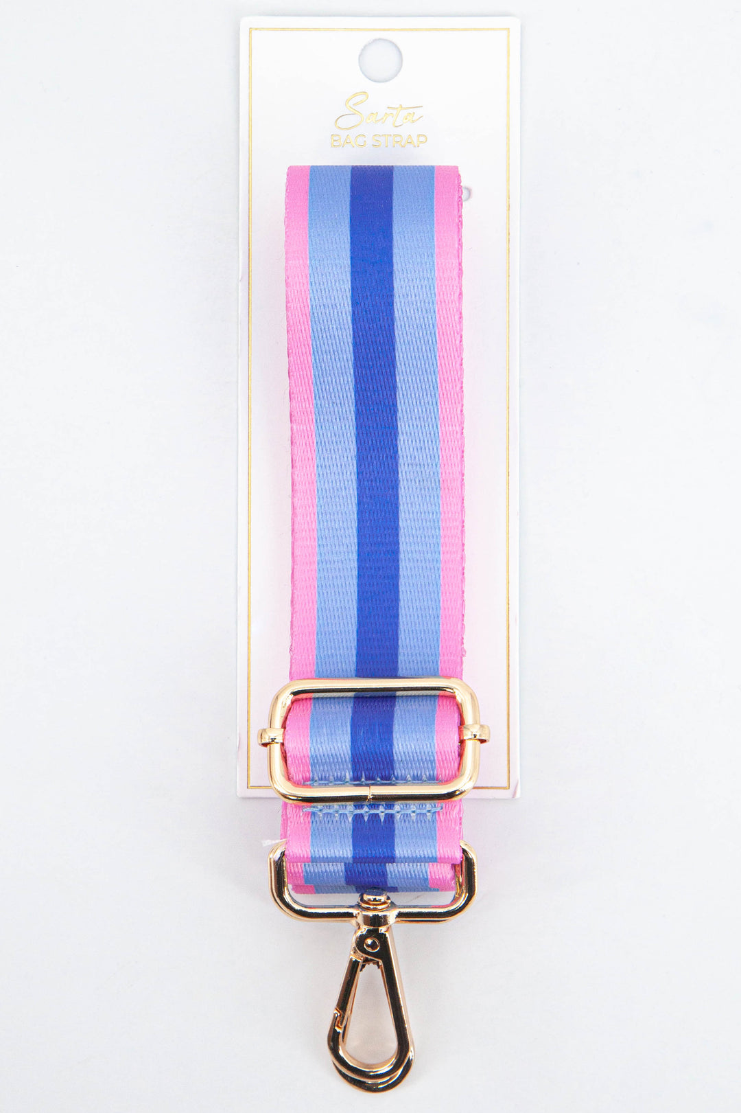 pink and blue striped bag strap with gold hardware