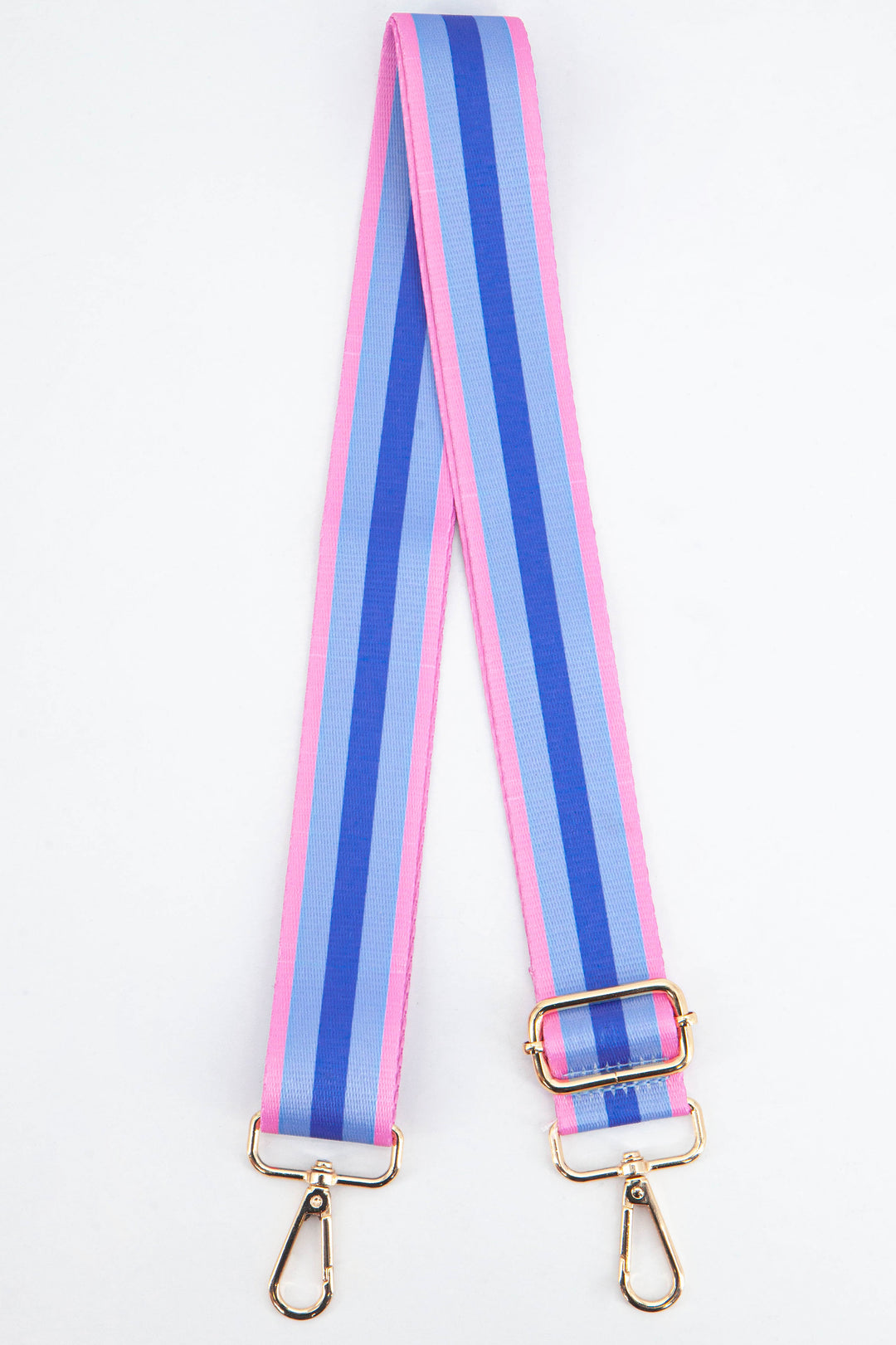 azure blue and pink contrasting colour block stripe bag strap with gold clip on snap hook attachments