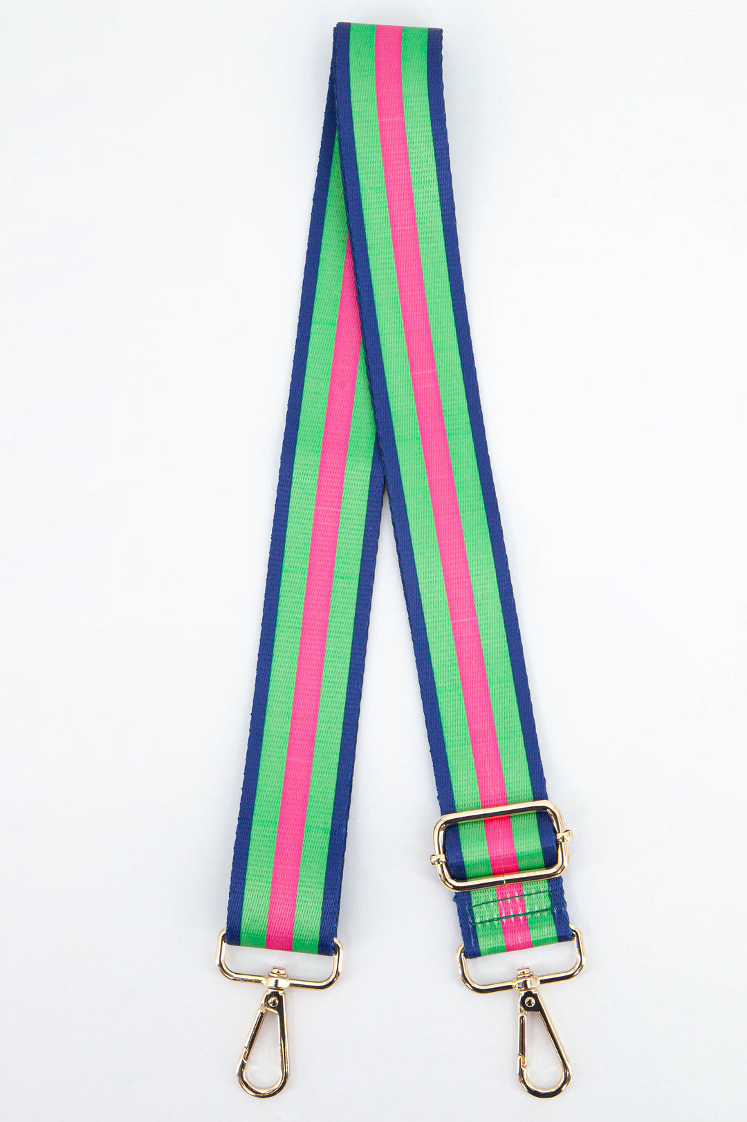 navy blue, green and pink contrasting colour block stripe bag strap with gold clip on snap hook attachments