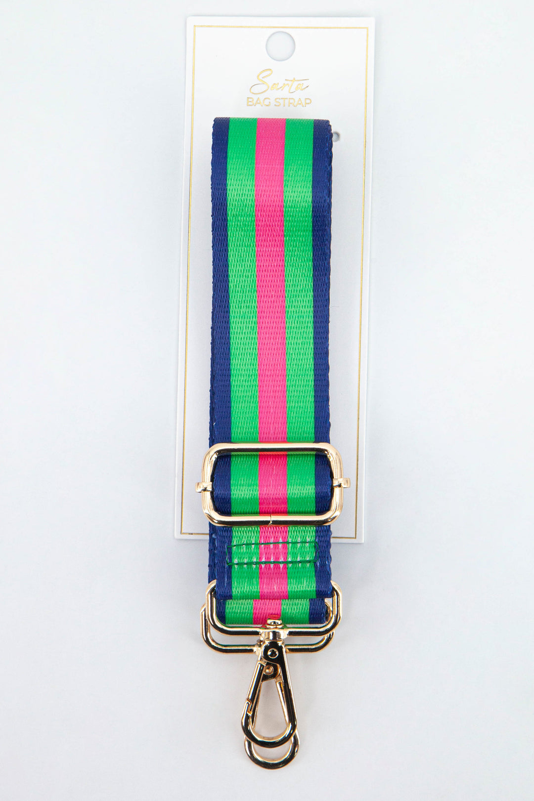 pink , green and blue striped bag strap with gold hardware