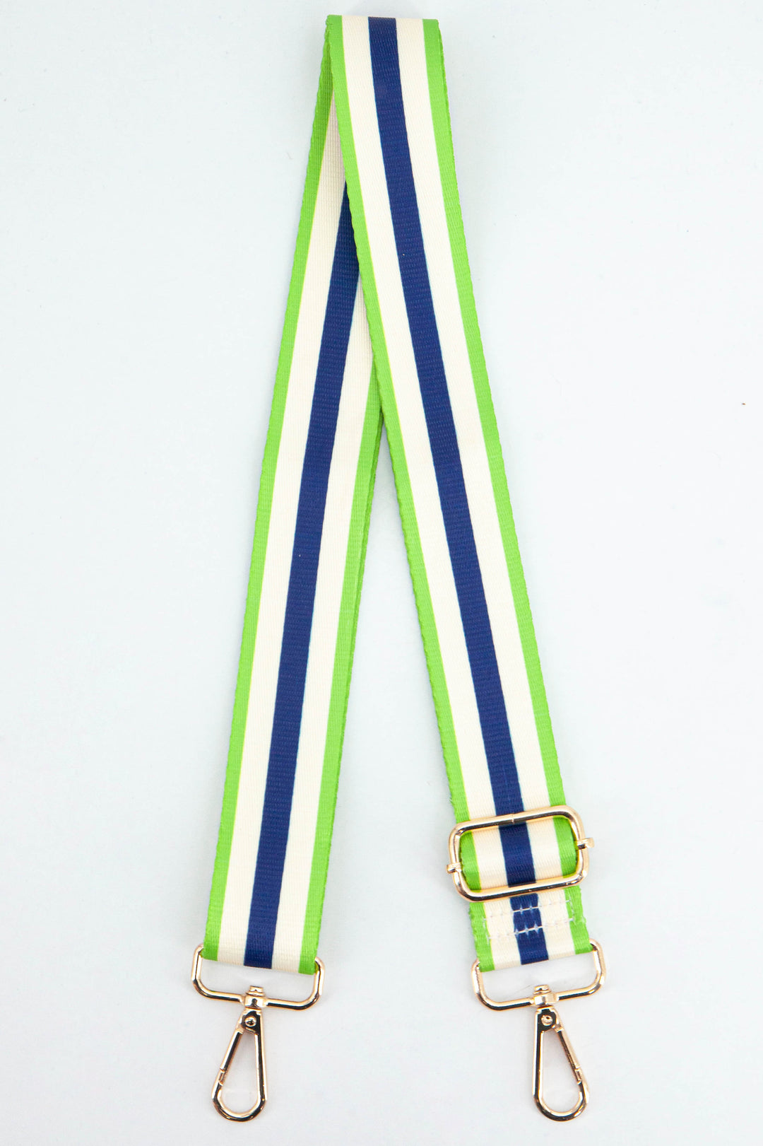 navy blue, white and lime green contrasting colour block stripe bag strap with gold clip on snap hook attachments