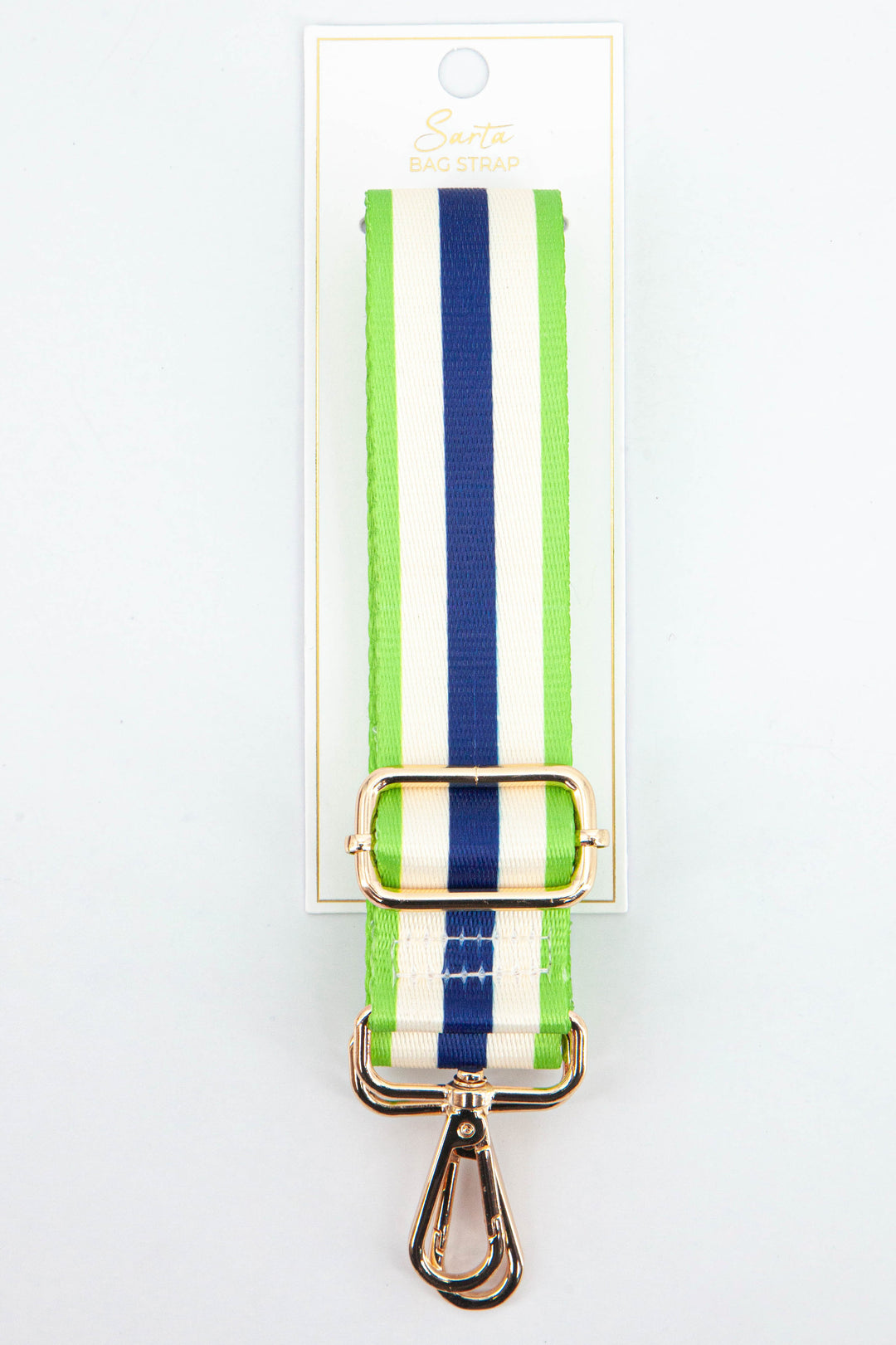 green and blue striped bag strap with gold hardware