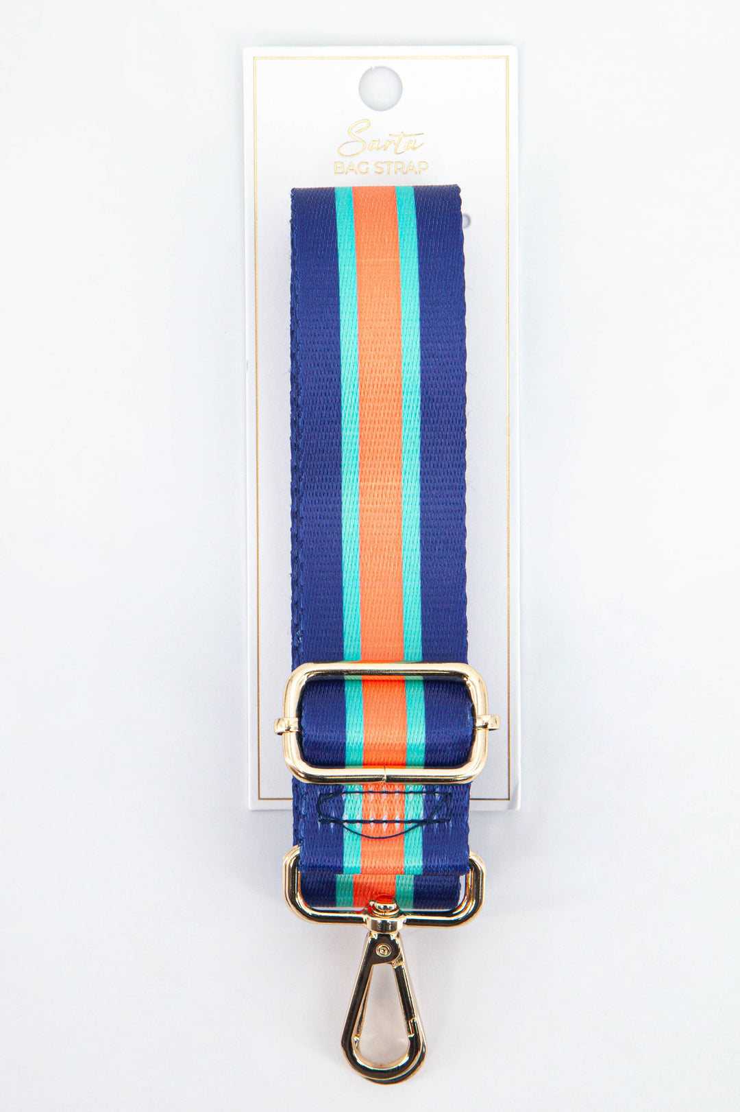blue and orange striped bag strap with gold hardware