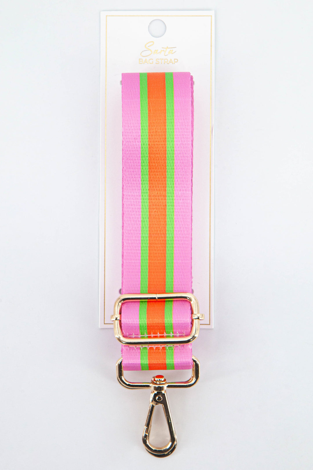 pink, orange and green striped bag strap with gold hardware