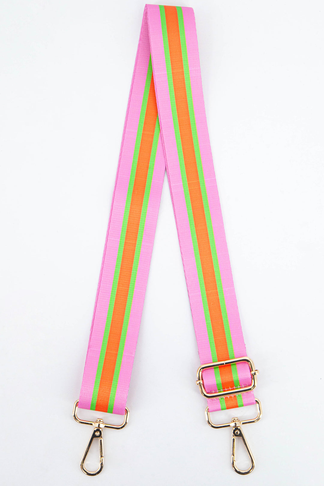  pink, green and orange contrasting colour block stripe bag strap with gold clip on snap hook attachments