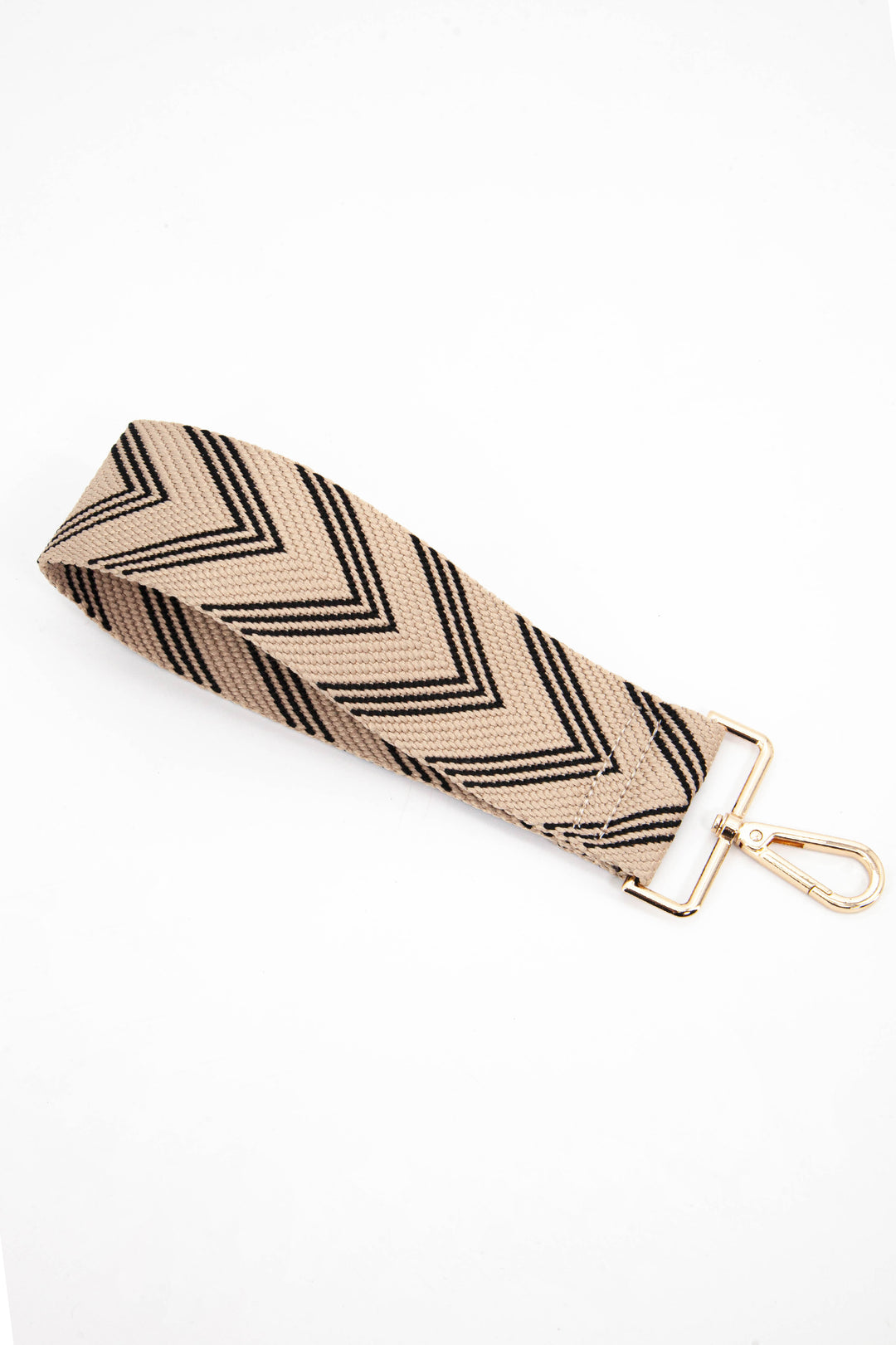 beige and navy blue chevron striped woven clip on wrist strap with gold hardware