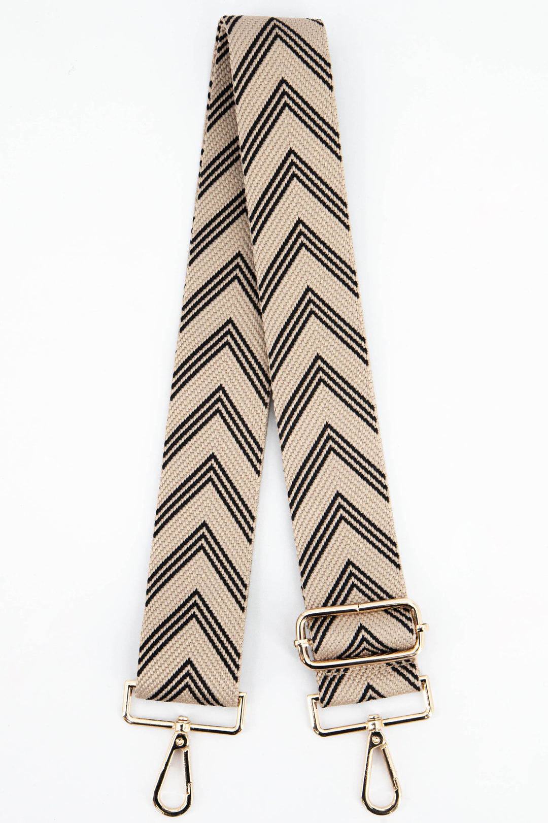black and beige woven chevron pattern adjustable bag strap with gold snap hook attachments