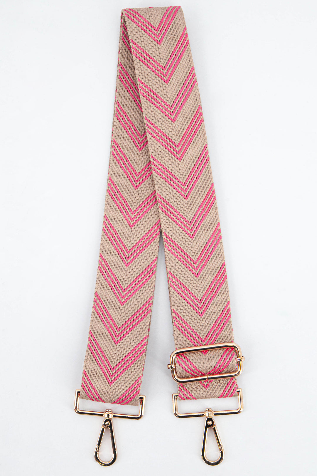 pink and beige woven chevron pattern adjustable bag strap with gold snap hook attachments