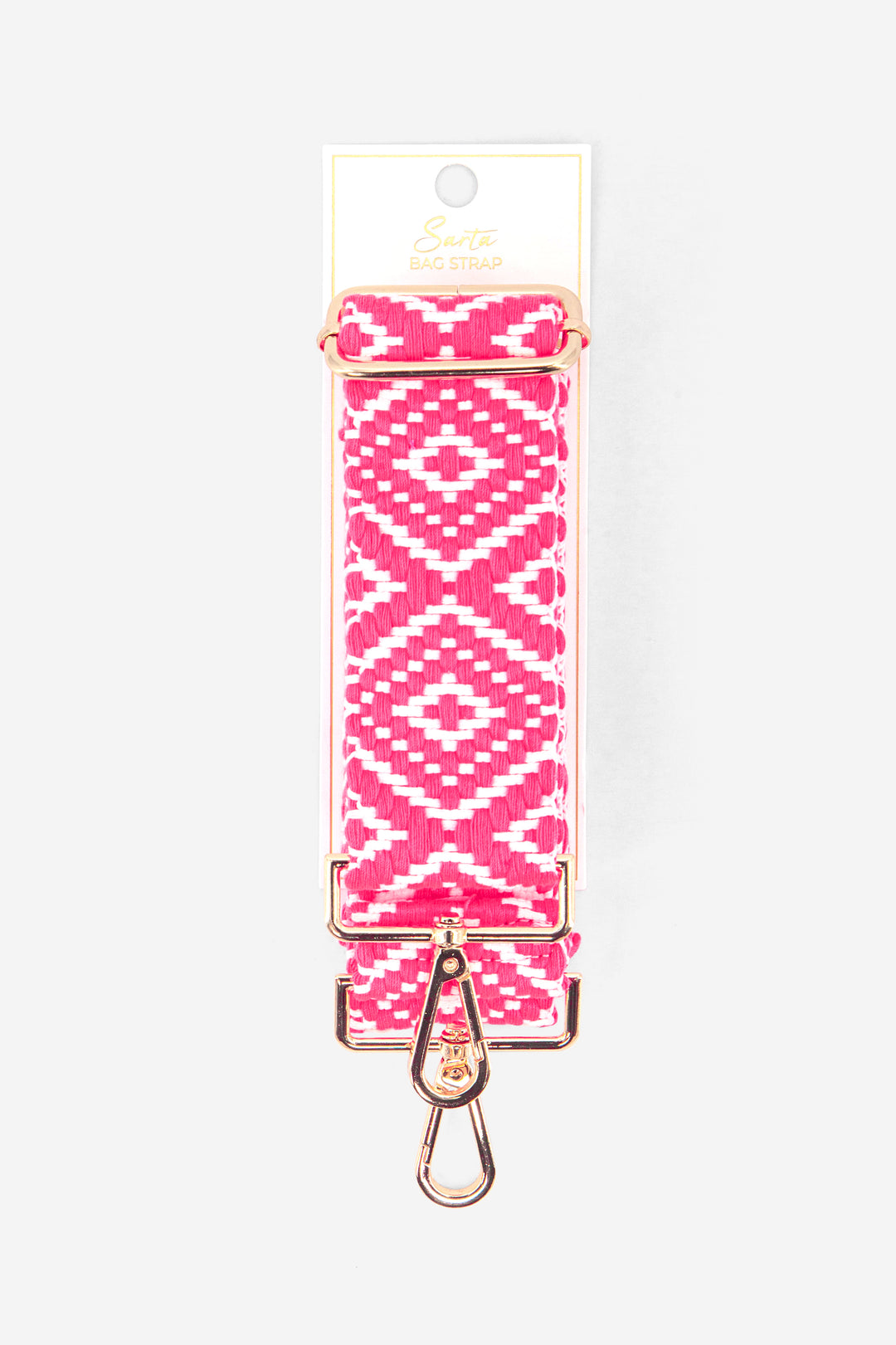 close up of the pink and white ikat pattern on the woven replacement bag strap