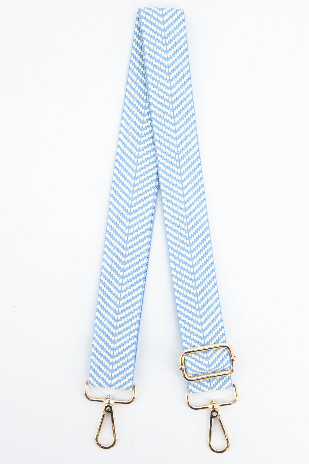 light blue and white chevron pattern woven bag strap with gold clip on snap hook attachments