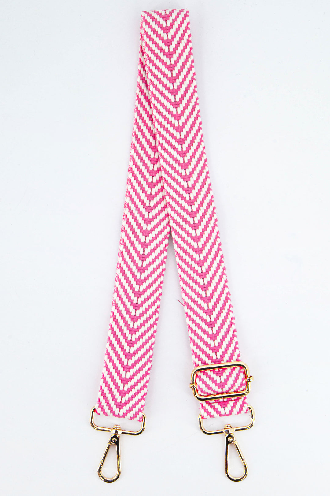 hot pink and white chevron pattern woven bag strap with gold clip on snap hook attachments