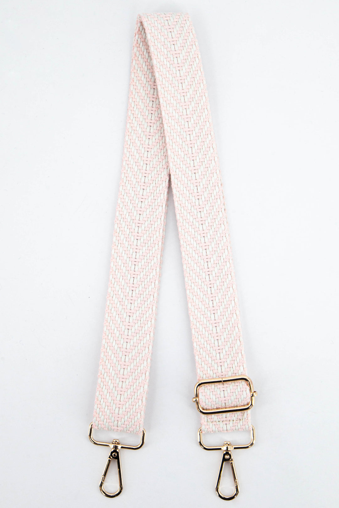 light pink and white chevron pattern woven bag strap with gold clip on snap hook attachments