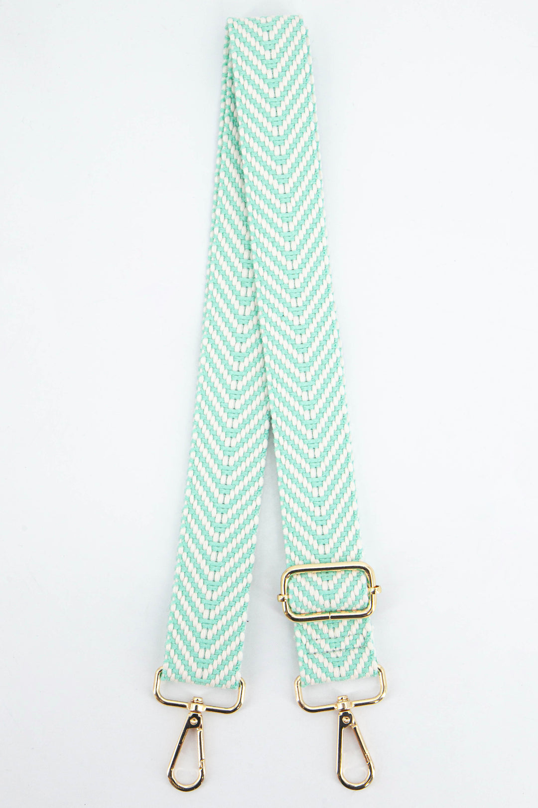 mint green and beige woven chevron pattern adjustable bag strap with gold snap hook attachments