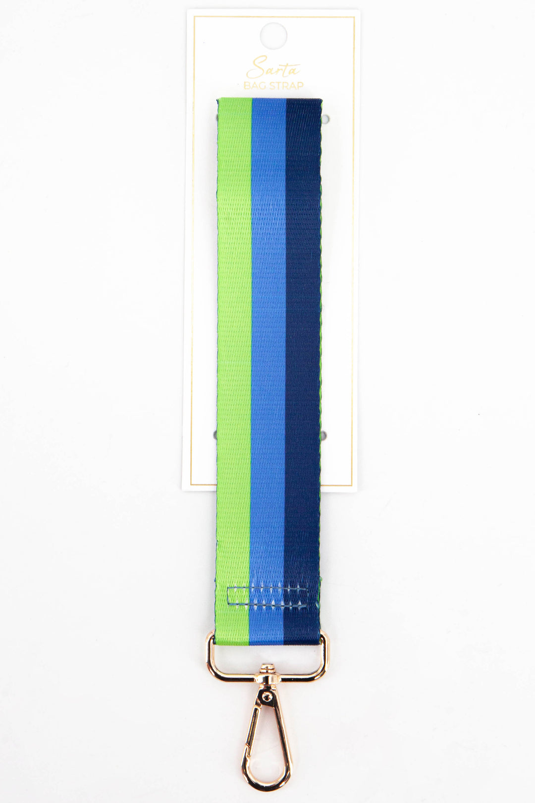 striped wrist strap in blue and green with gold clip on hardware