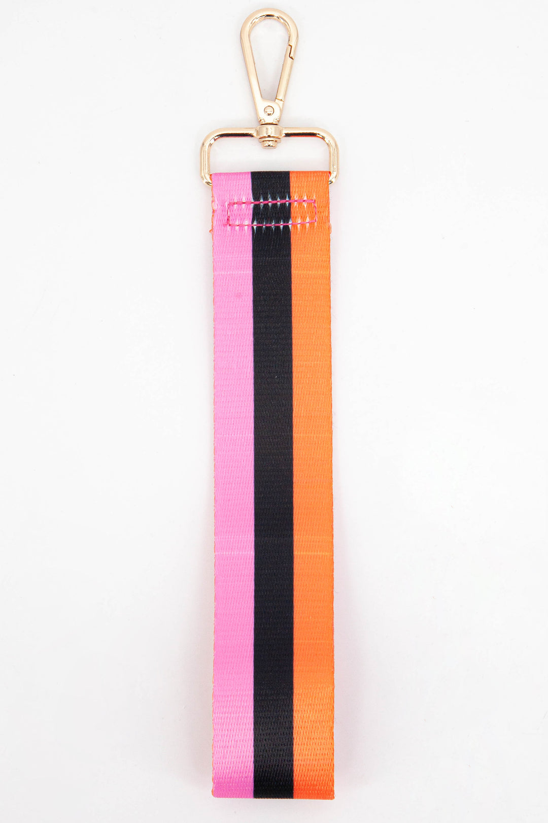 pink, orange and black contasting striped clutch bag wrist strap with gold hardware