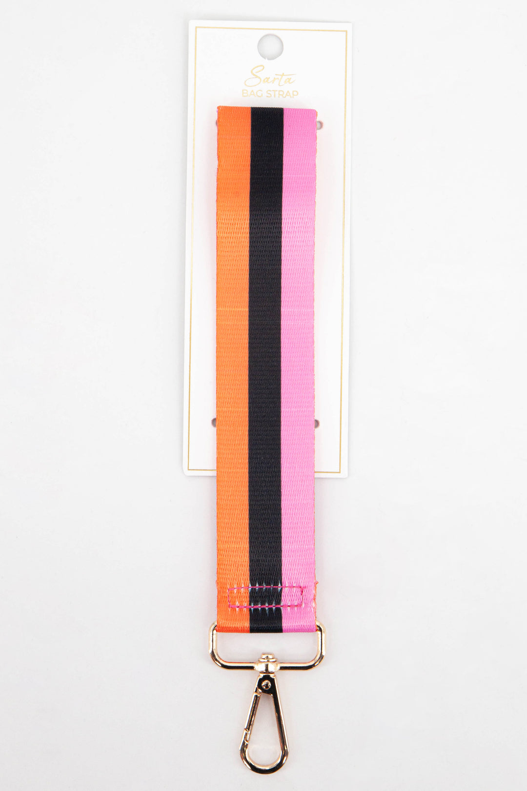 pink, orange and black striped clutch bag wrist strap