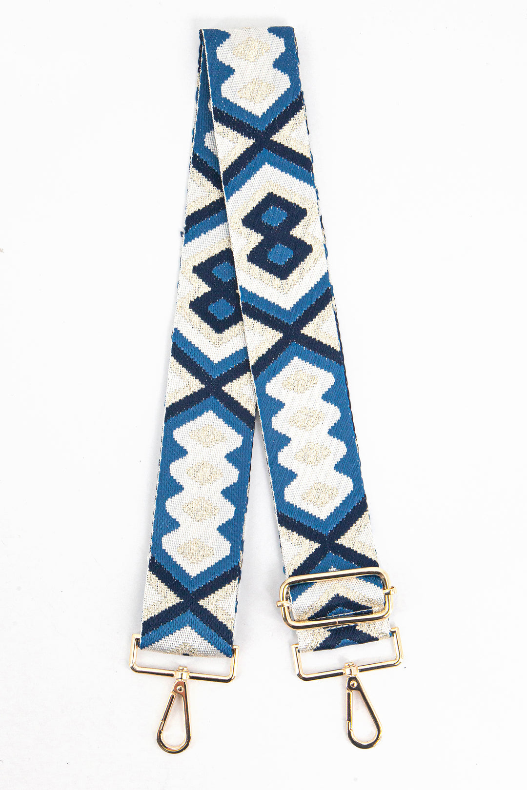 blue and gold metallic glitter aztec pattern clip on bag strap with gold hardware