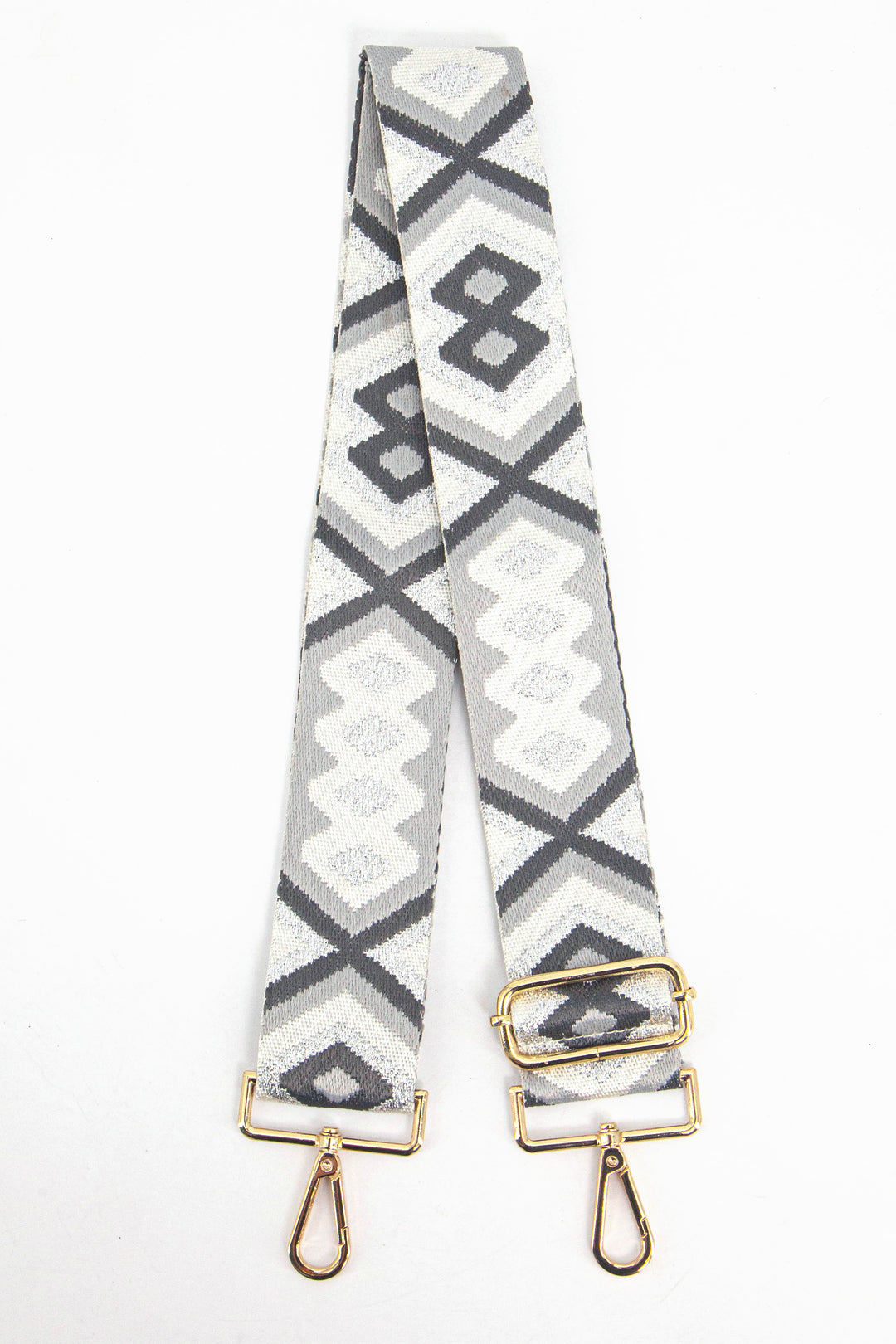 grey and silver metallic glitter aztec pattern clip on bag strap with gold hardware