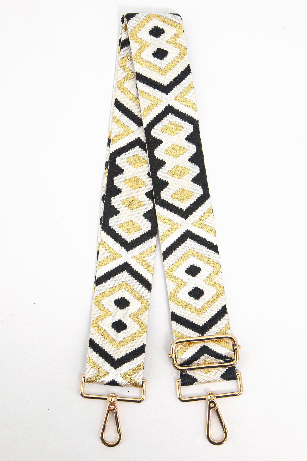 black and gold metallic glitter aztec pattern clip on bag strap with gold hardware