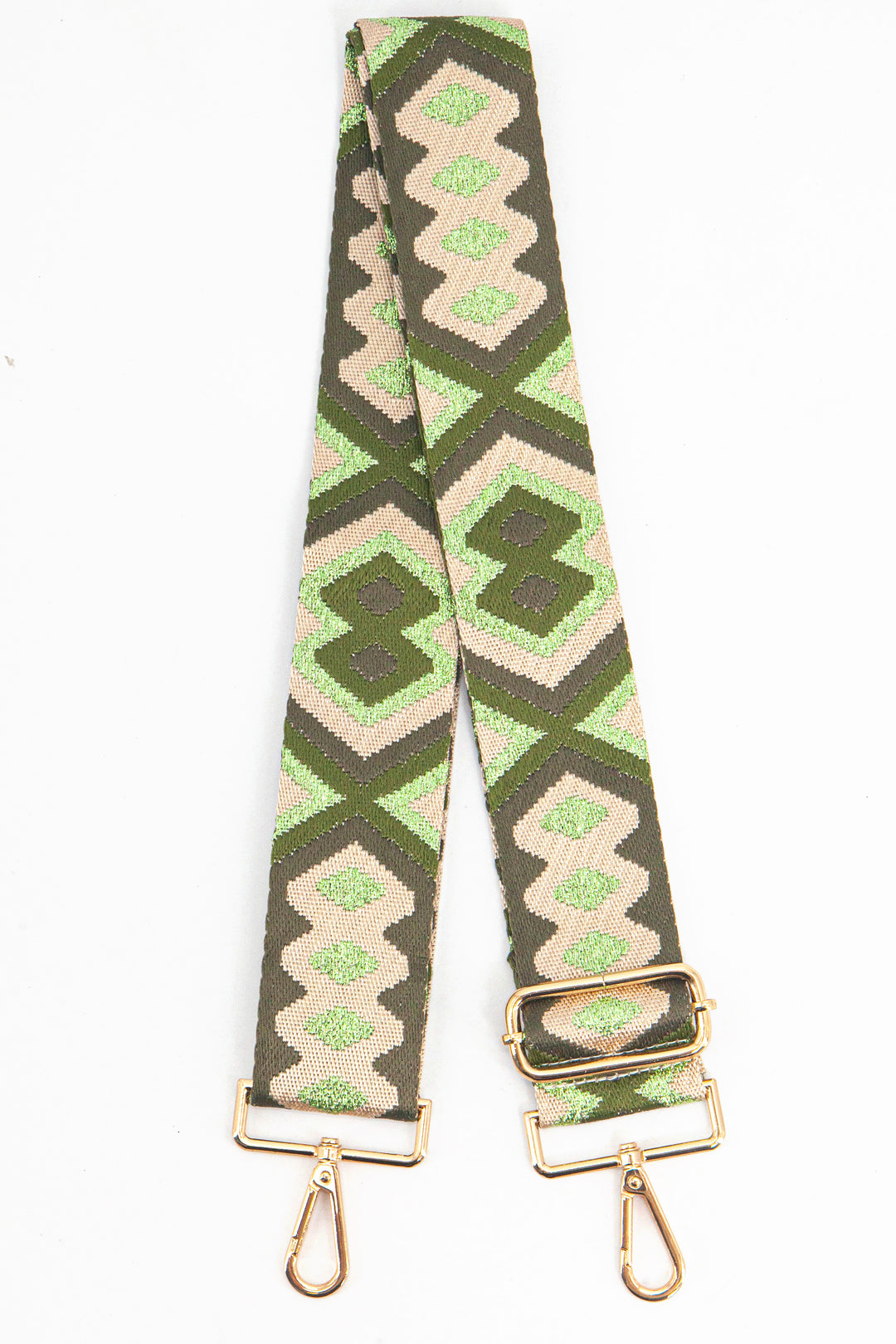 green and gold metallic glitter aztec pattern clip on bag strap with gold hardware