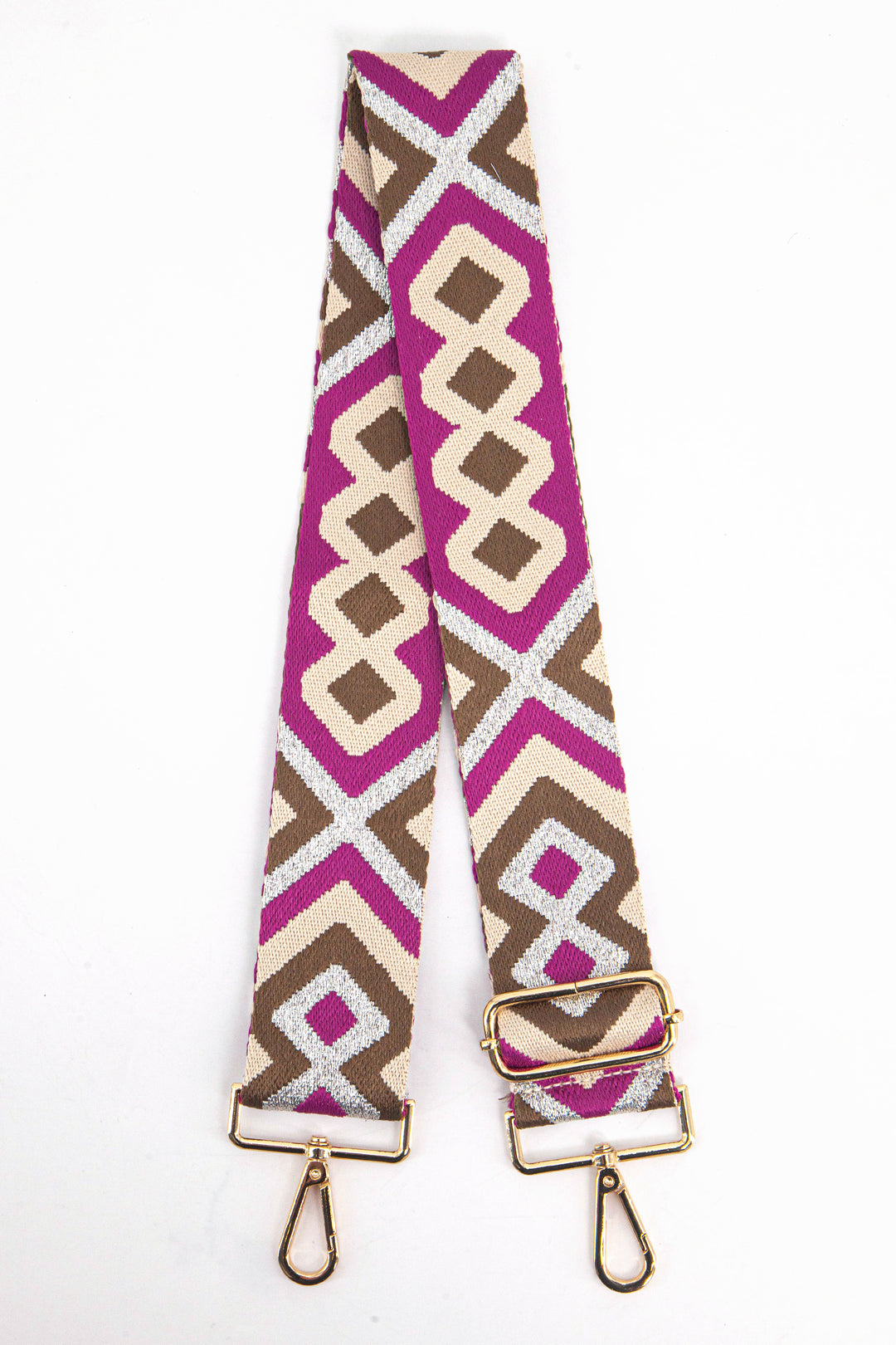 pink, taupe and silver metallic glitter aztec pattern clip on bag strap with gold hardware