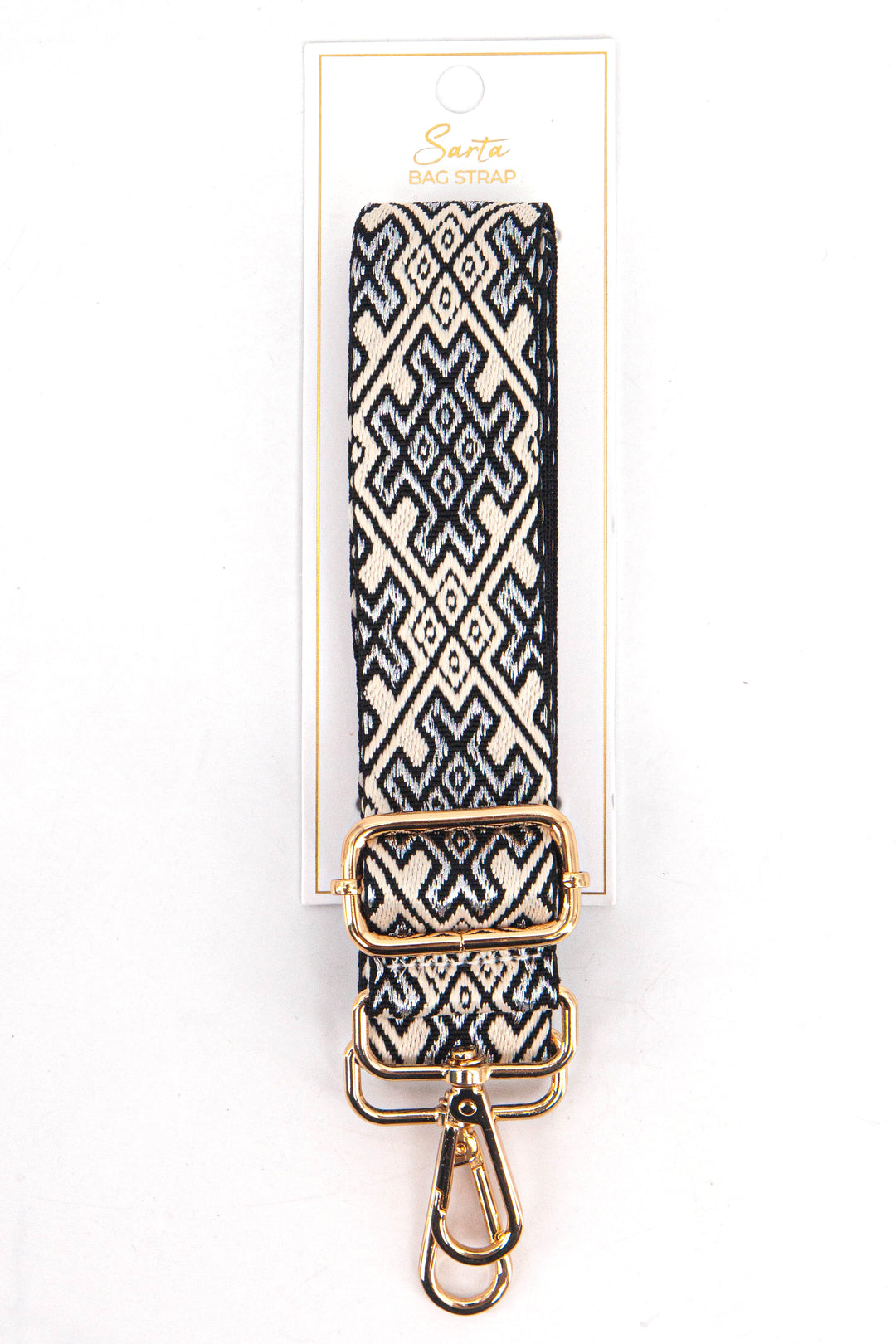 navy blue and gold jacquard woven bag strap in its sarta packaging
