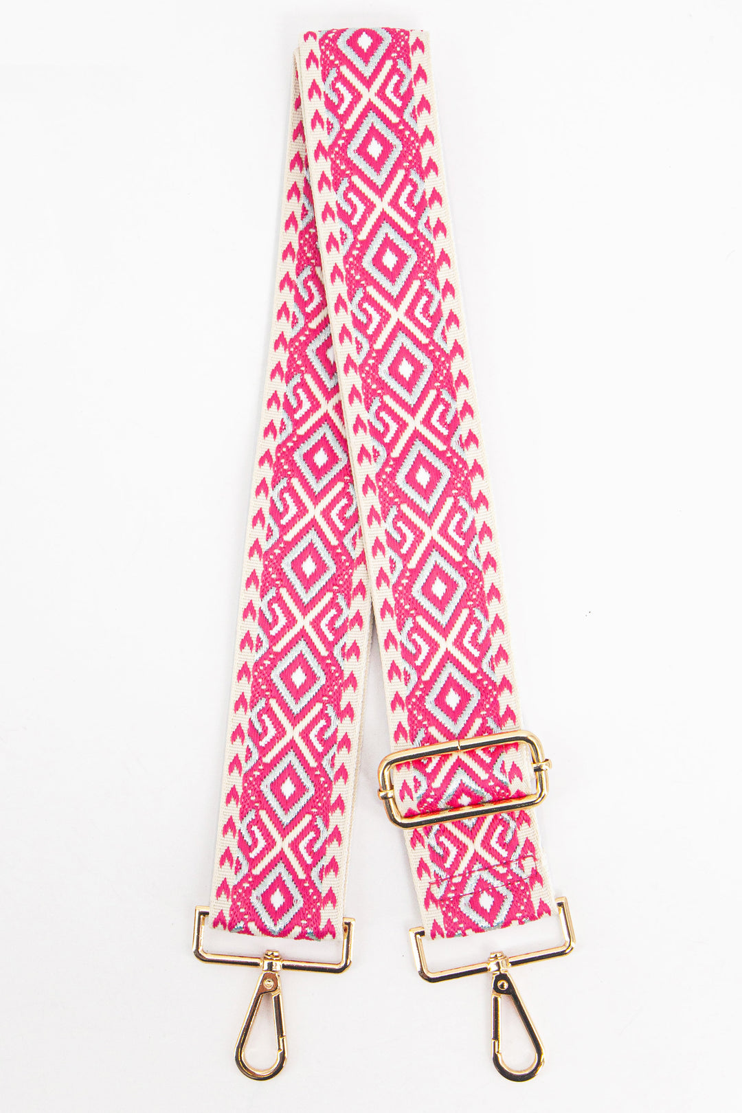 fuchsia pink geometric bag strap with metallic silver accents