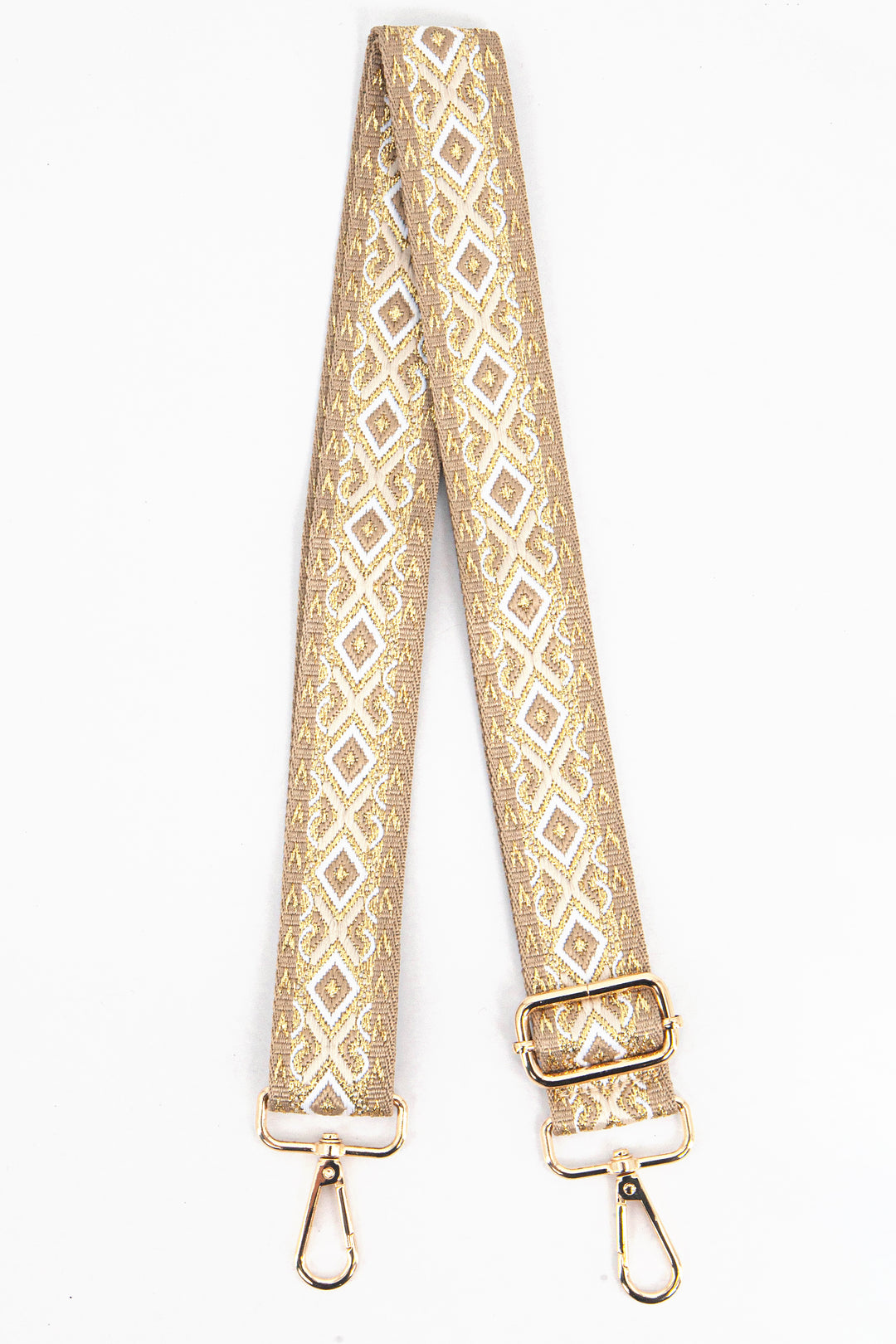 gold ornate geometric pattern bag strap with gold clip on hardware