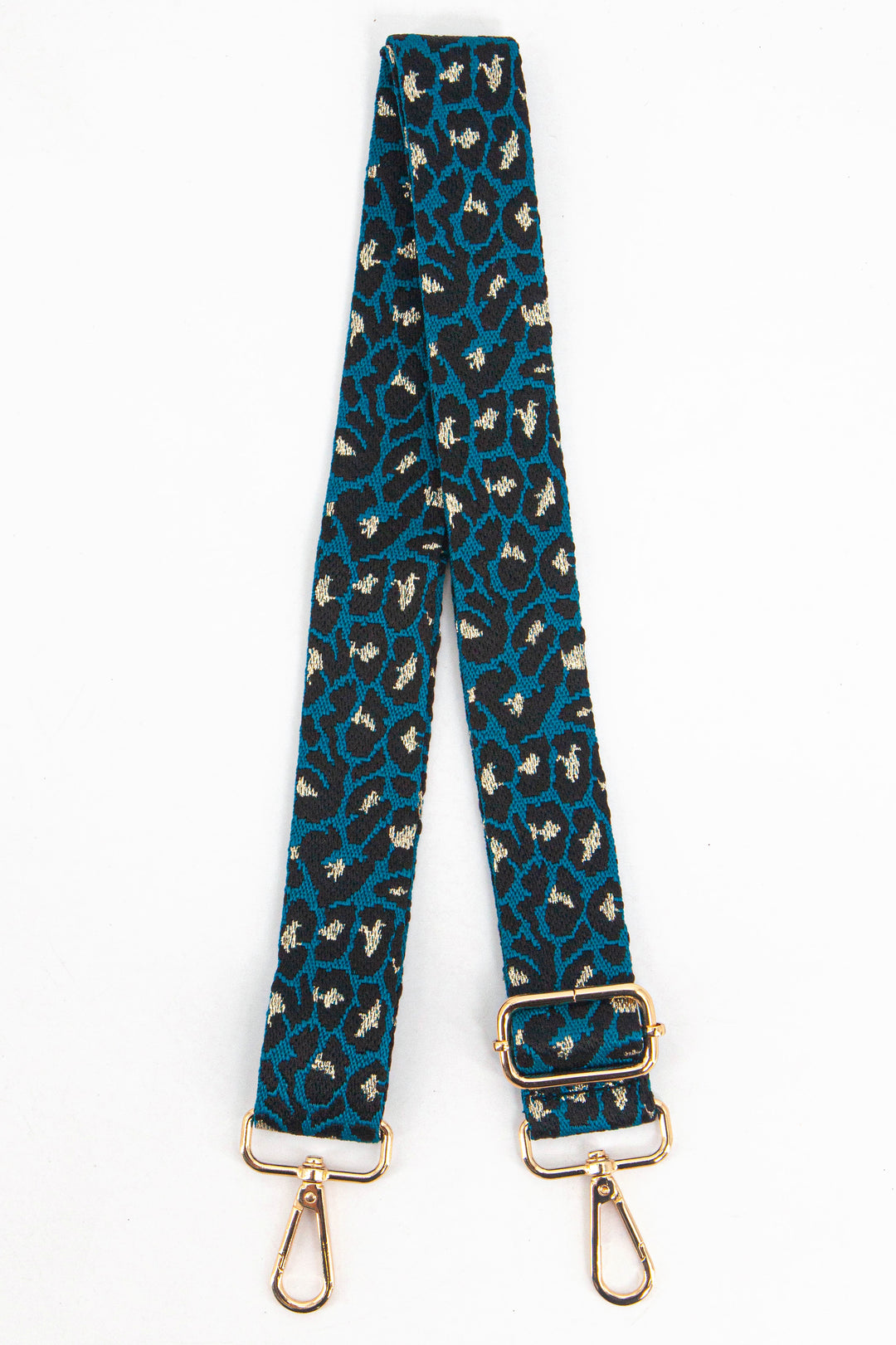 blue and black leopard print woven bag strap with gold metallic threaded accents throughout