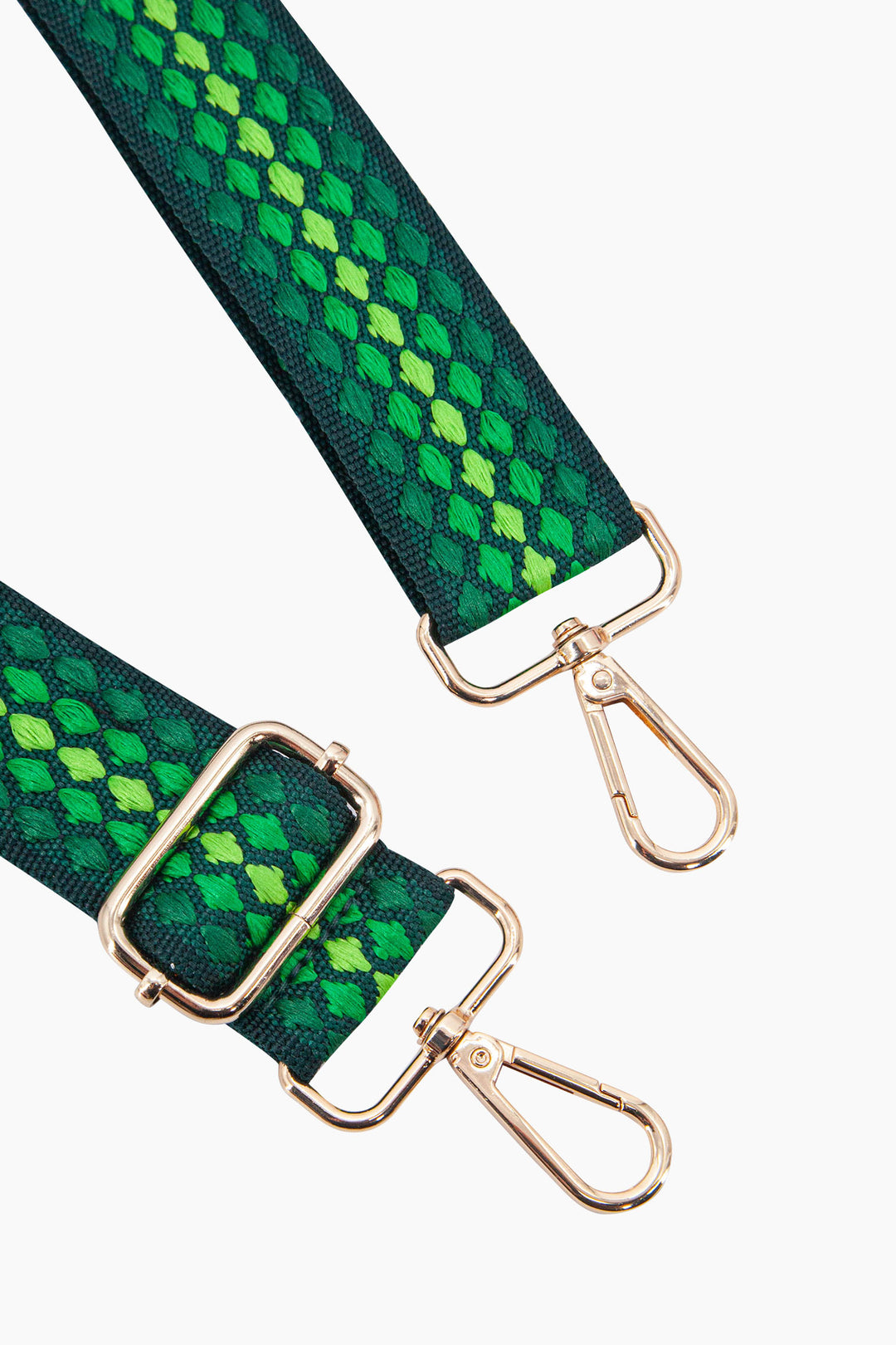 hayden-woven-bag-strap-green-spotted-close-up-gold-snap-hoop-attachments