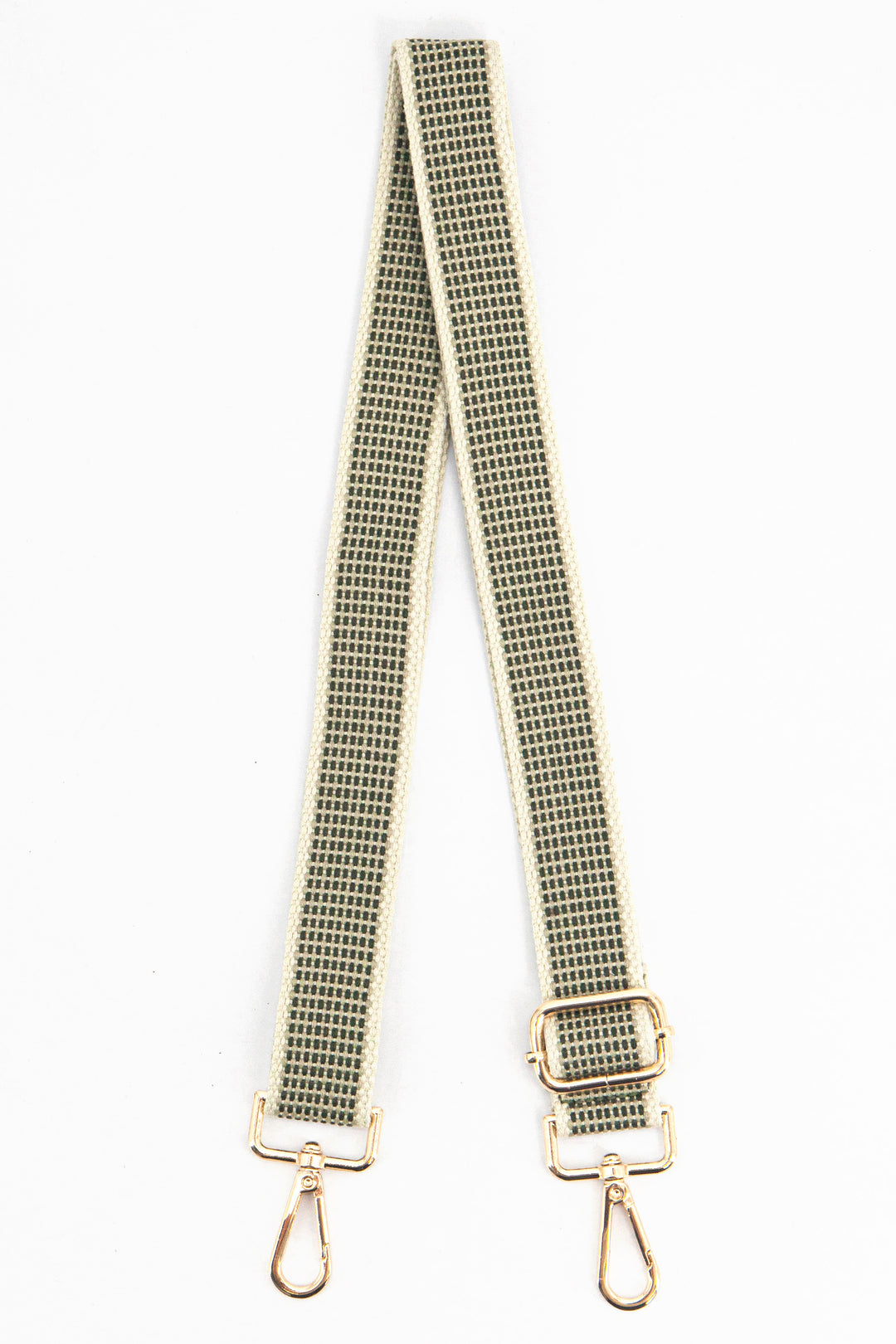 khaki green bag strap with a rattan print pattern and gold hardware