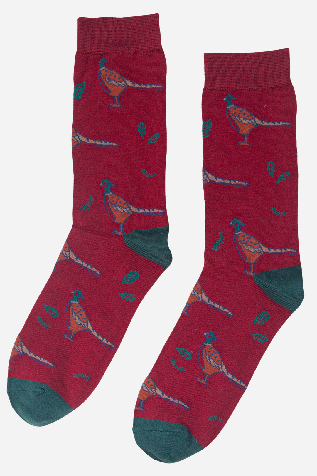 red dress socks featuring british woodland pheaants