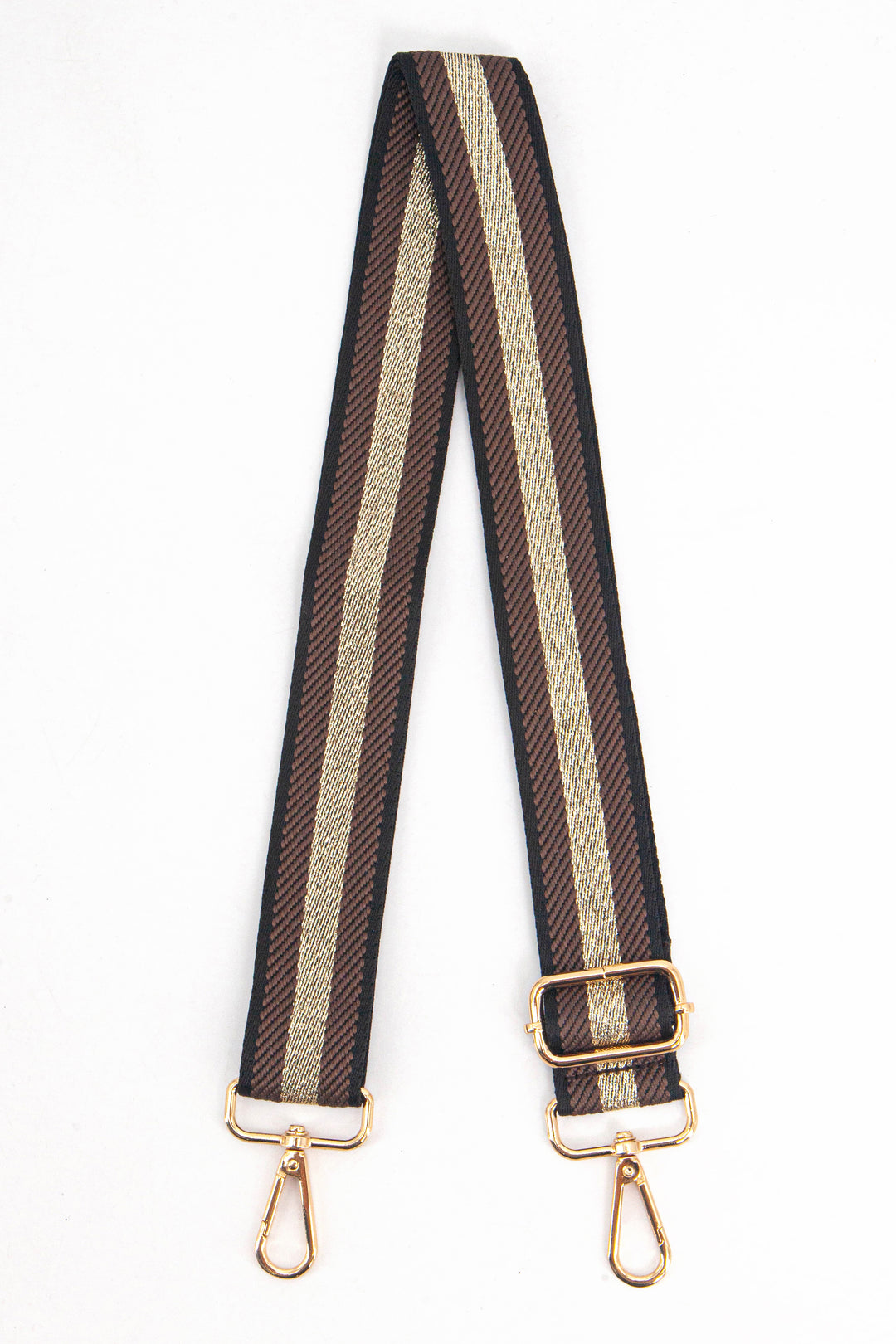 tan brown replacement bag strap with a central gold glitter stripe, the strap has gold clip on hardware