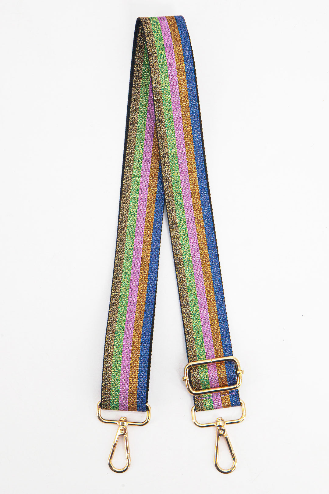 multicoloured vertical rainbow striped bag strap with an all over glitter sparkle and gold hardware