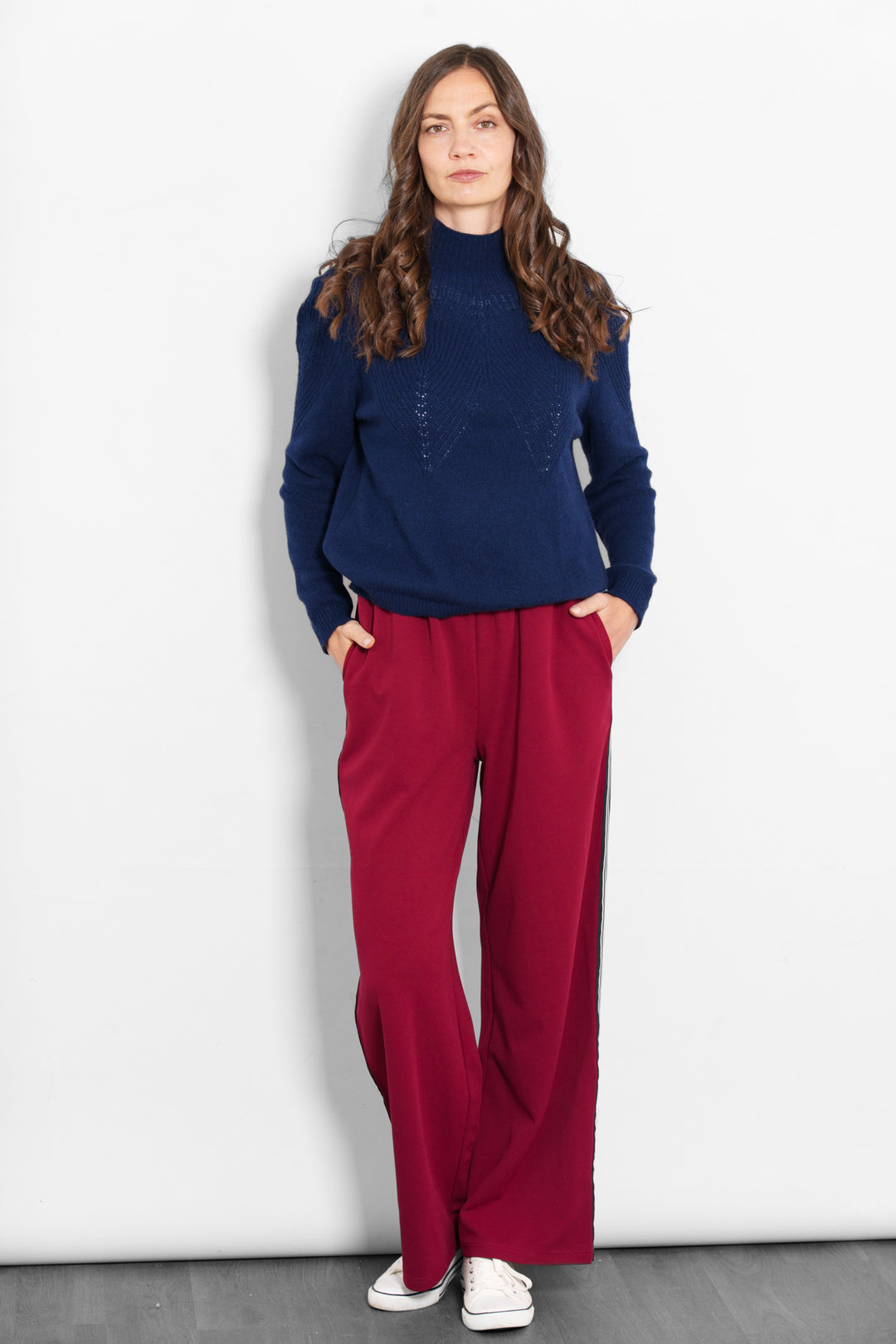 margot-wide-leg-trousers-berry-red-stripe-styled-model-casual-jumper