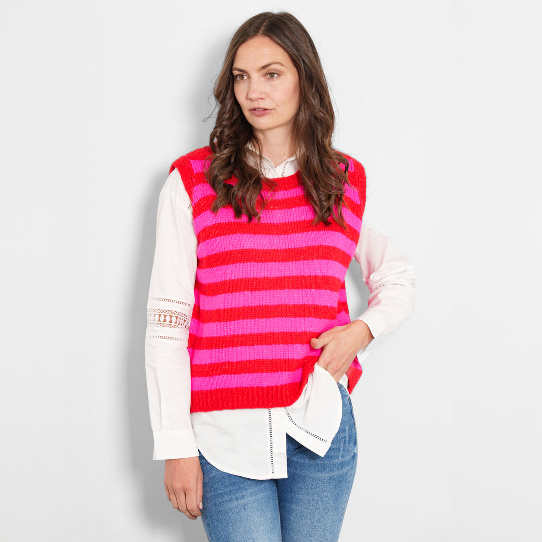 betsy-wool-blend-tank-top-red-fuchsia-striped-model-front-view