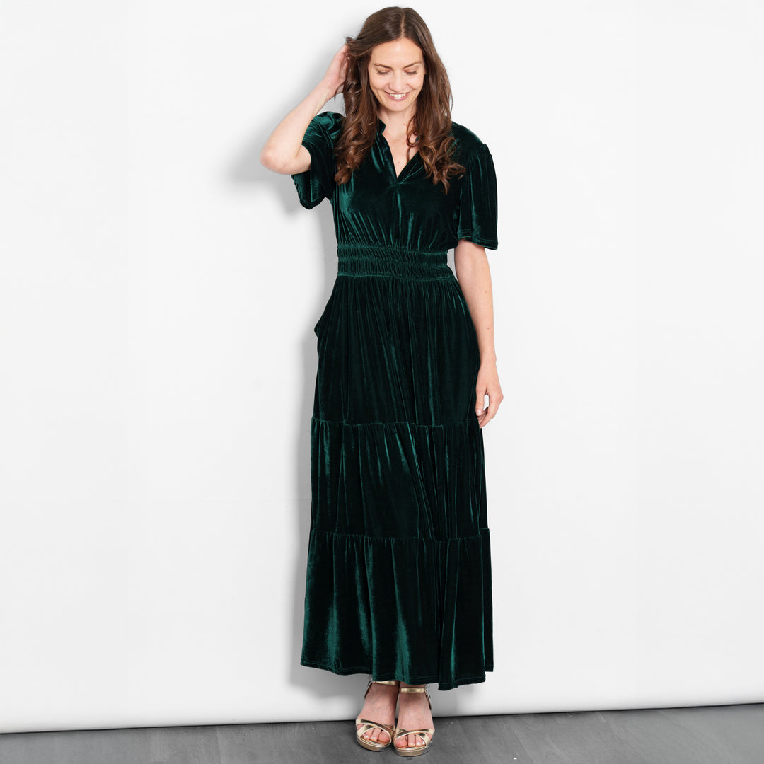 roxy-tiered-maxi-dress-green-velvet-model-front-view