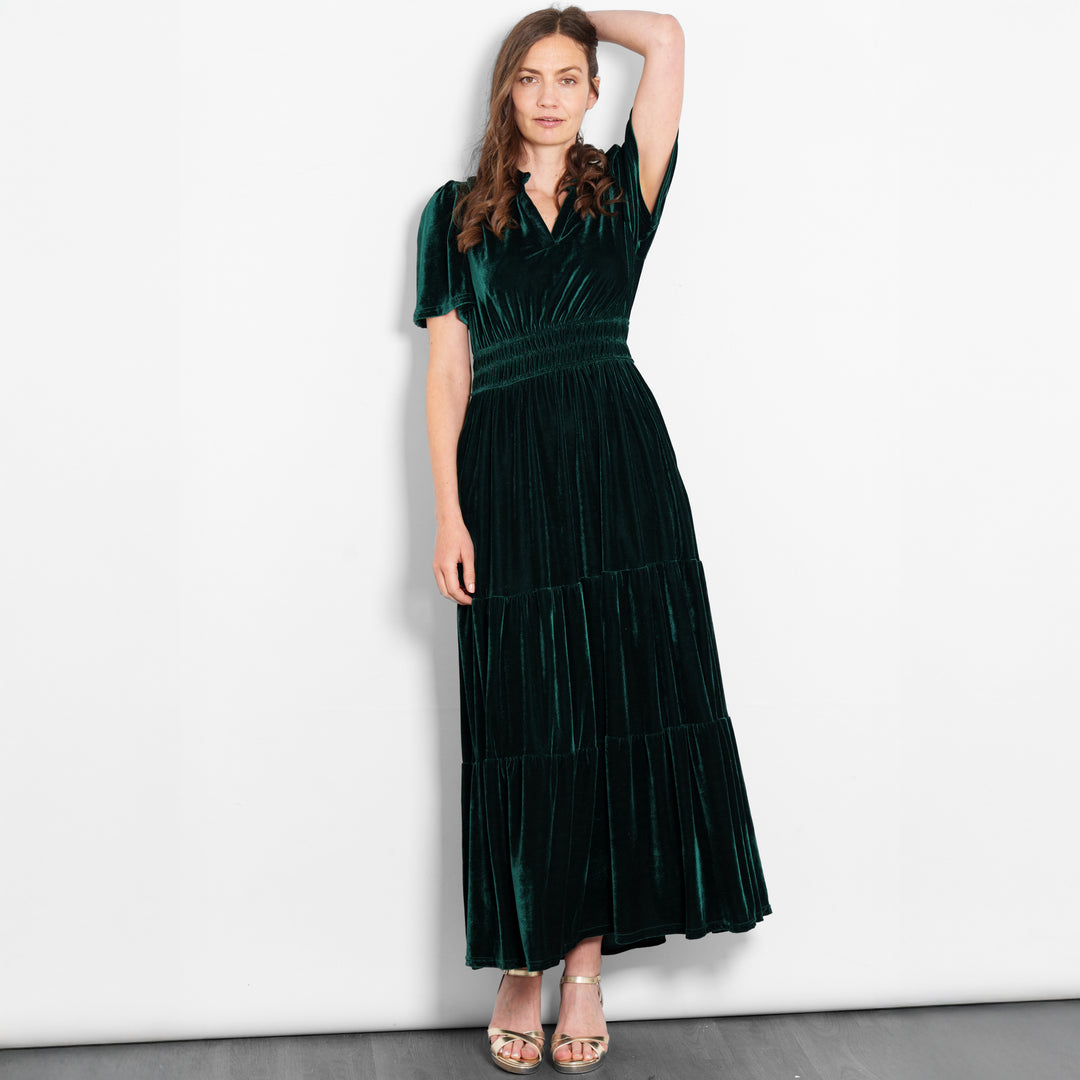 roxy-tiered-maxi-dress-green-velvet-elasticated-waist