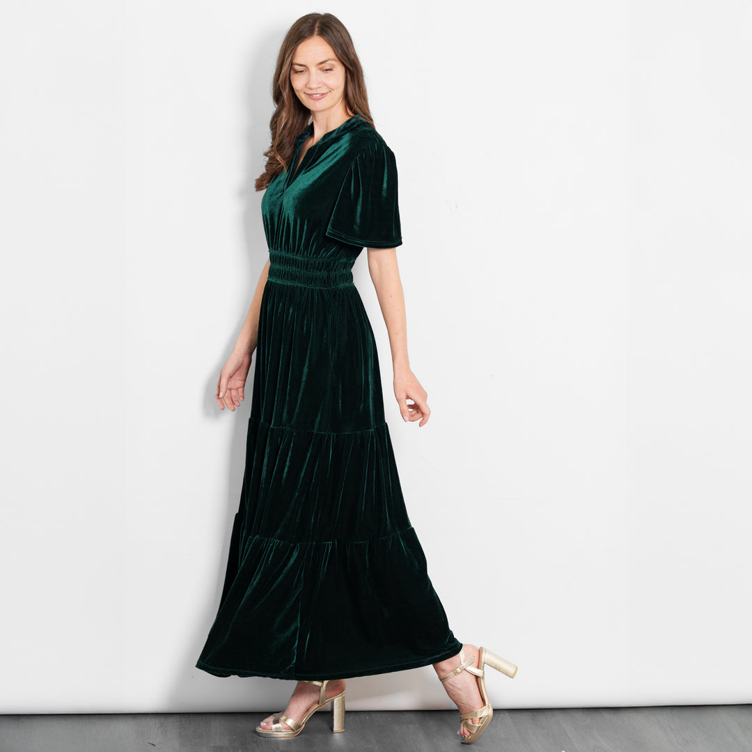 roxy-tiered-maxi-dress-green-velvet-short-sleeves