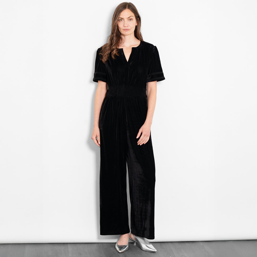 lydia-v-neck-jumpsuit-black-velvet-model-front-view