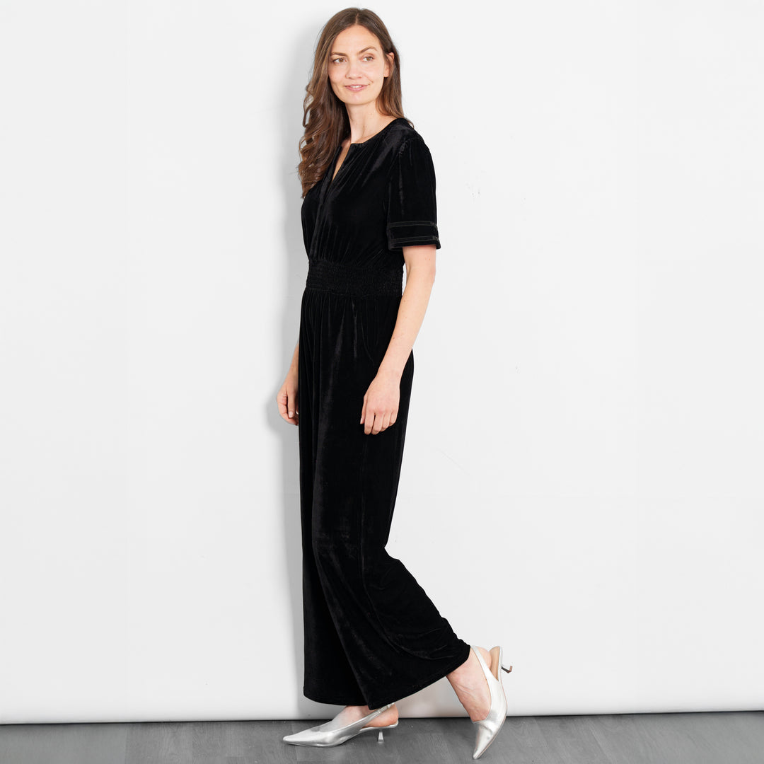 lydia-v-neck-jumpsuit-black-velvet-short-sleeves