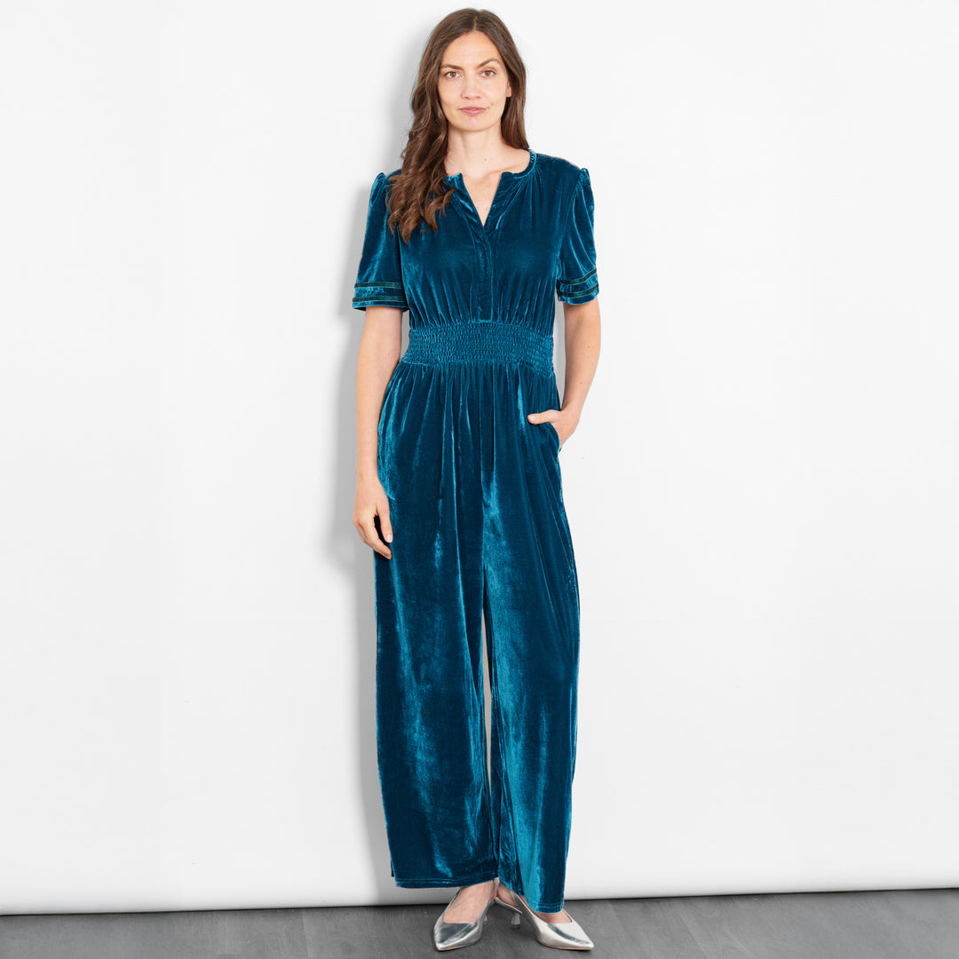 lydia-v-neck-jumpsuit-teal-velvet-elasticated-waist-model