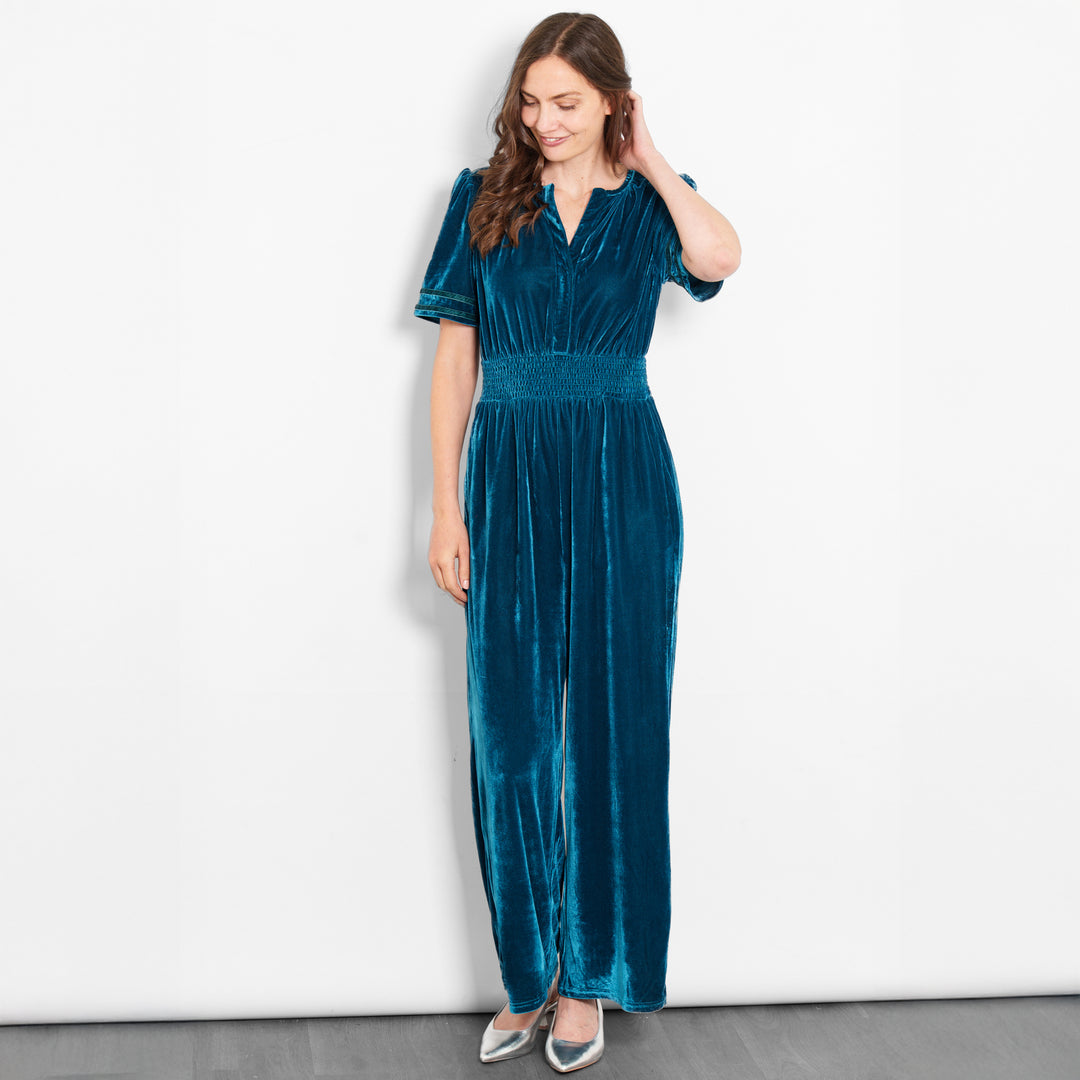 lydia-v-neck-jumpsuit-teal-velvet-model-front-view