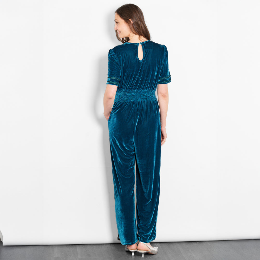 lydia-v-neck-jumpsuit-teal-velvet-rear-view-button-neck