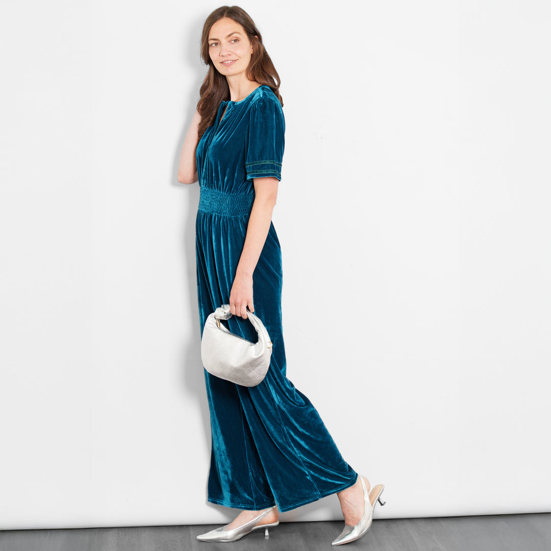 lydia-v-neck-jumpsuit-teal-velvet-styled-evening-bag-heels