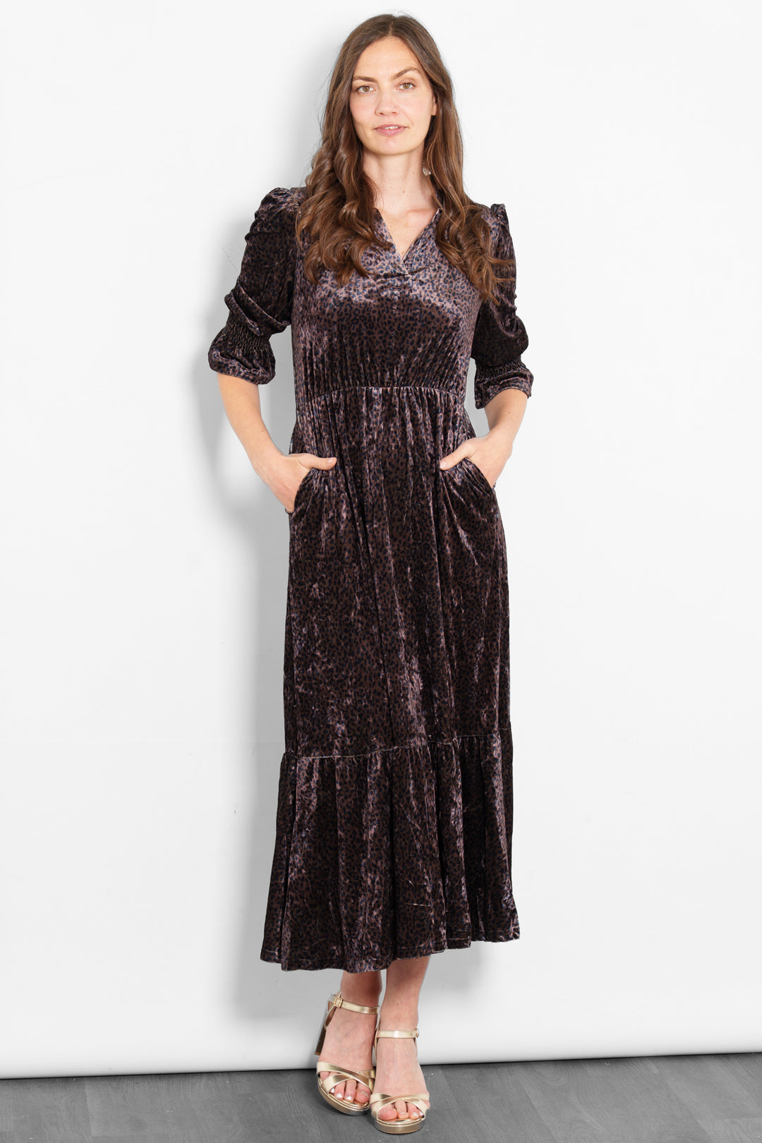 pandora-v-neck-midaxi-dress-brown-velvet-leopard-model-front-view