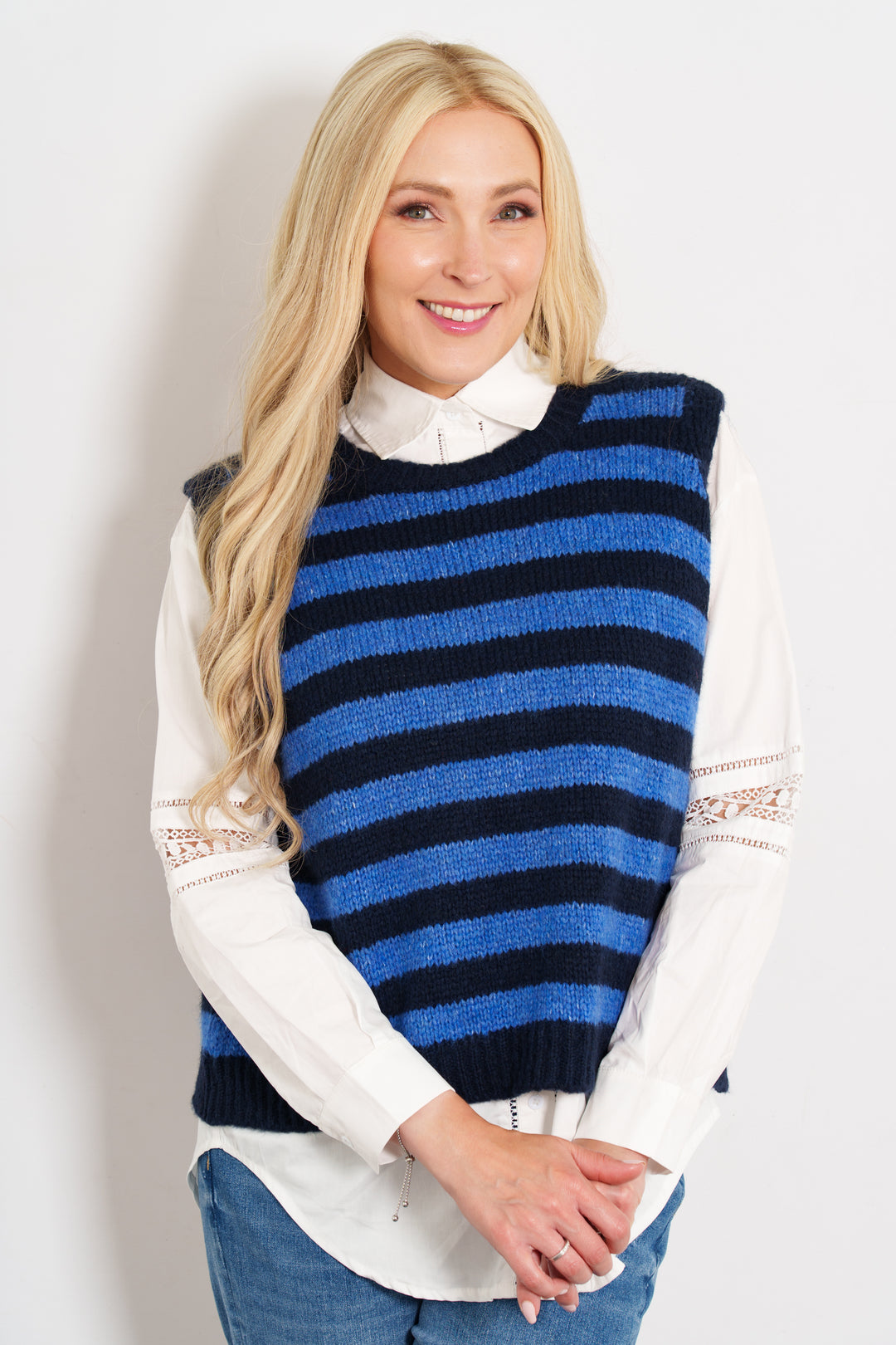 betsy-wool-blend-tank-top-navy-blue-blue-striped-model-front-view